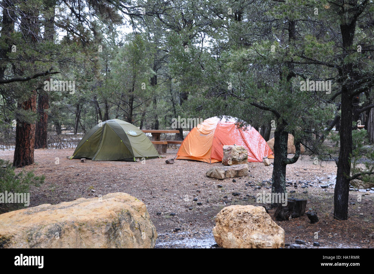 Il Mather Campground presso il Grand Canyon National Park offre opportunità di campeggio invernali sul South Rim. Questa esperienza unica consente ai visitatori di godersi il tranquillo paesaggio invernale del parco, offrendo attività con clima freddo come escursioni e osservazione delle stelle, pur rimanendo protetti in un campeggio designato. Foto Stock
