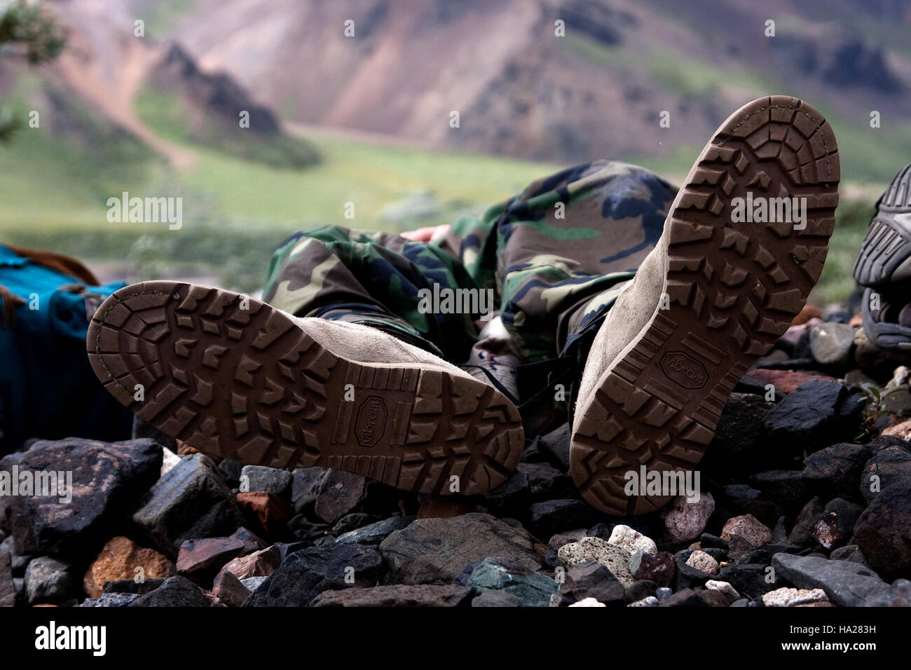 Questa immagine mostra un paio di stivali collocati nel Denali National Park. Il parco è noto per i suoi paesaggi mozzafiato, la fauna selvatica e il terreno accidentato, rendendolo una destinazione popolare per attività all'aperto come escursioni e alpinismo. Foto Stock