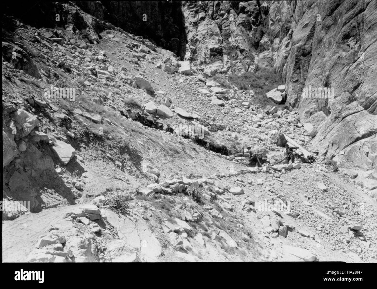 Lo storico Bright Angel Trail del Grand Canyon è un famoso percorso escursionistico lungo il margine sud. Conosciuto per i suoi panorami mozzafiato, questo percorso offre un'impegnativa escursione con un significato culturale e storico, e le corse in mulo offrono un'esperienza aggiuntiva. Foto Stock
