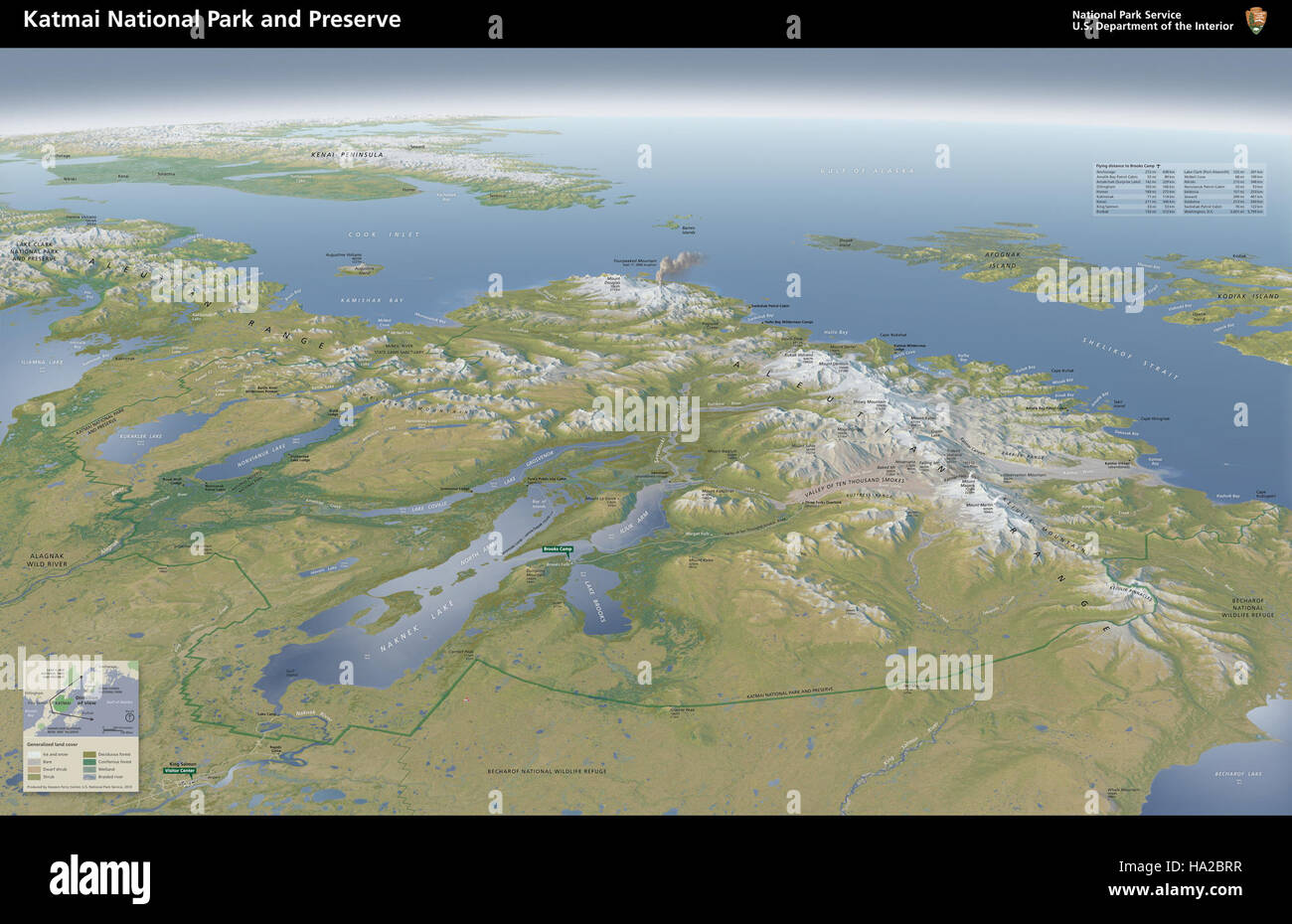 Questa mappa panoramica del Parco Nazionale e riserva di Katmai mostra i vasti paesaggi del parco, tra cui il suo terreno vulcanico e la variegata fauna selvatica, sottolineando la bellezza naturale e l'importanza ecologica del parco. Foto Stock