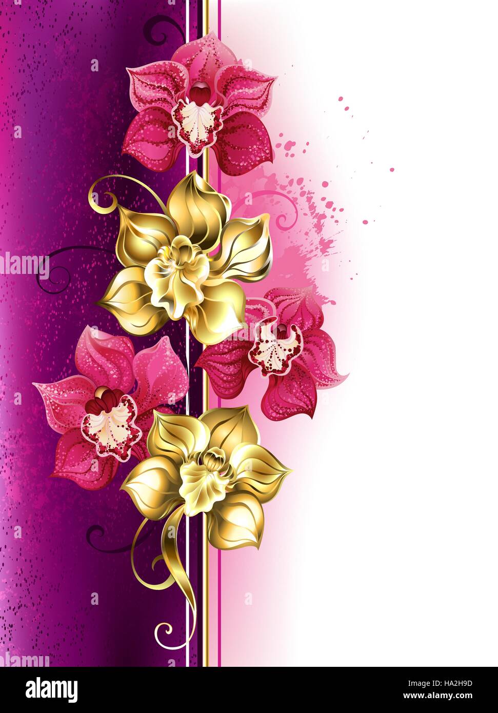 Design con oro e rosa luminoso orchidee in rosa tessiturali sfondo. Design con orchidee. Golden Orchid. Design con fiori gioielli Illustrazione Vettoriale