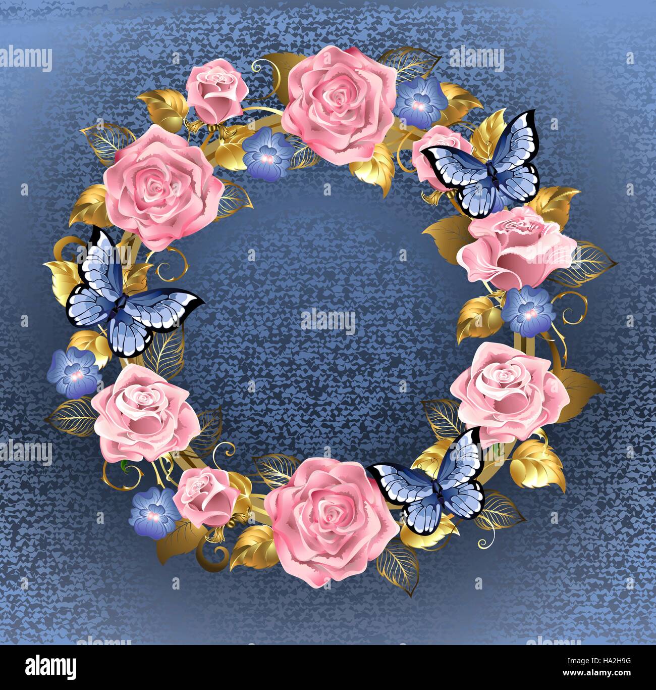 Round corona di rose dentellare, violette blu, oro jewelery blu e foglie con farfalle blu su sfondo blu brocade. Progettazione di rose Illustrazione Vettoriale