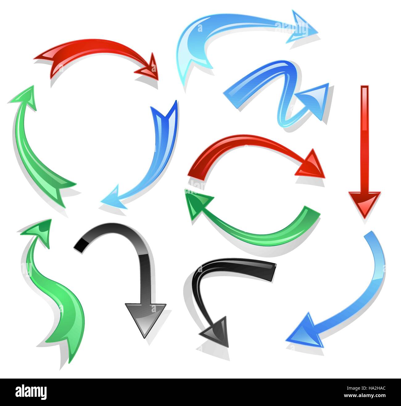 Frecce curve volume di vetro: nero, rosso, verde e blu su sfondo bianco Illustrazione Vettoriale