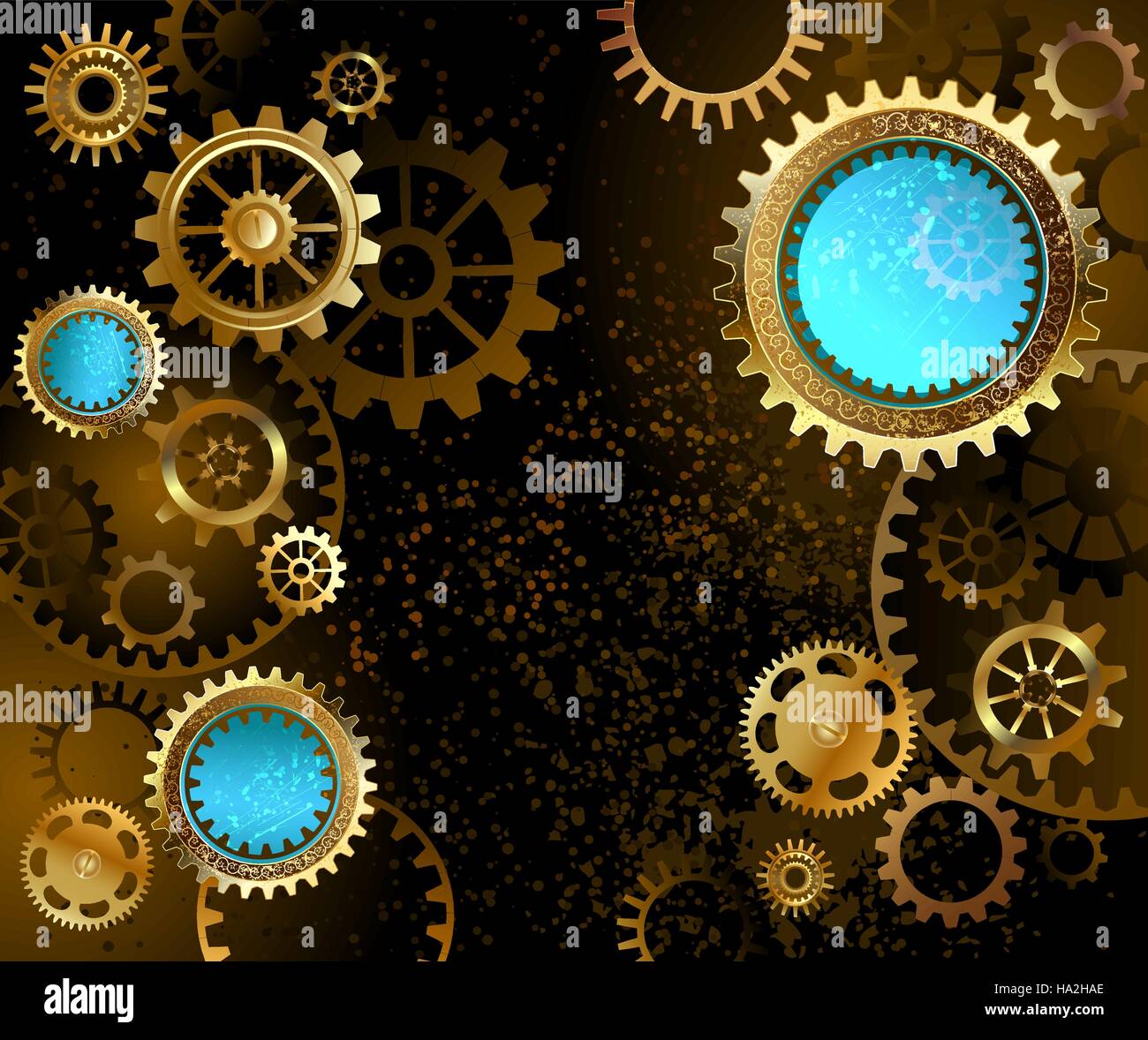 Sfondo nero con oro e gli ingranaggi in ottone e lenti blu. Illustrazione Vettoriale