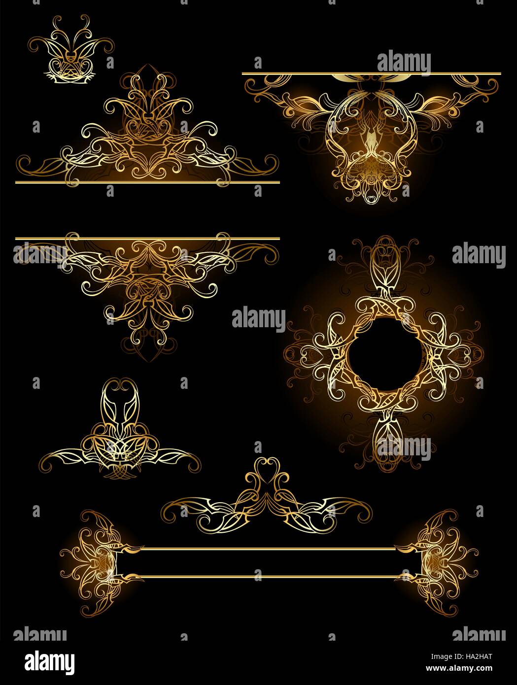 Oro, gioielli, vettore di elementi di design su uno sfondo nero. Illustrazione Vettoriale