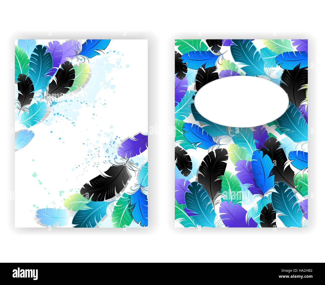 Progettato con un luminoso, blu, verde, nero piume soffici su uno sfondo bianco. Design con piume. Illustrazione Vettoriale