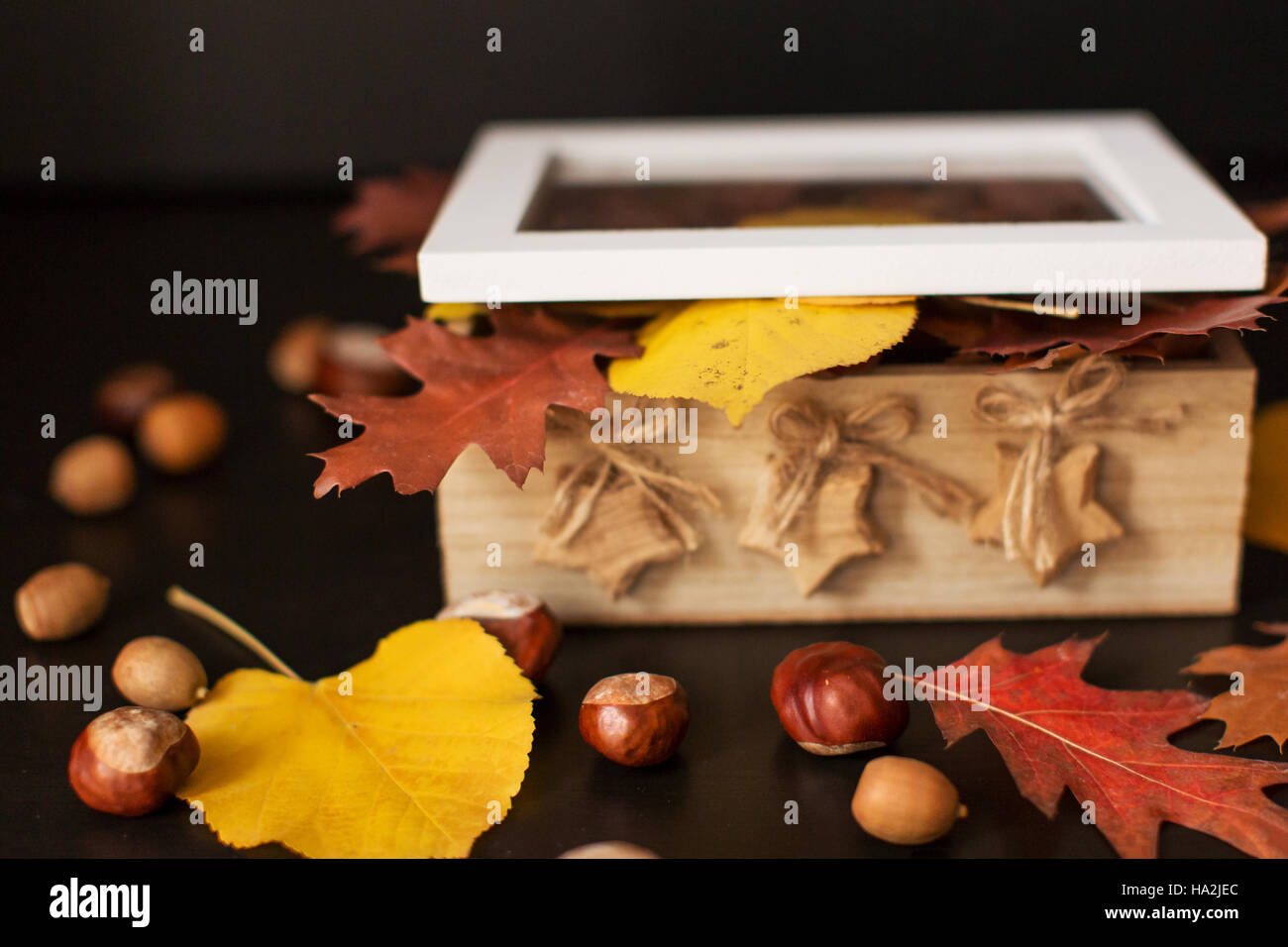 Foglie di autunno in una scatola di legno con conkers e dadi Foto Stock