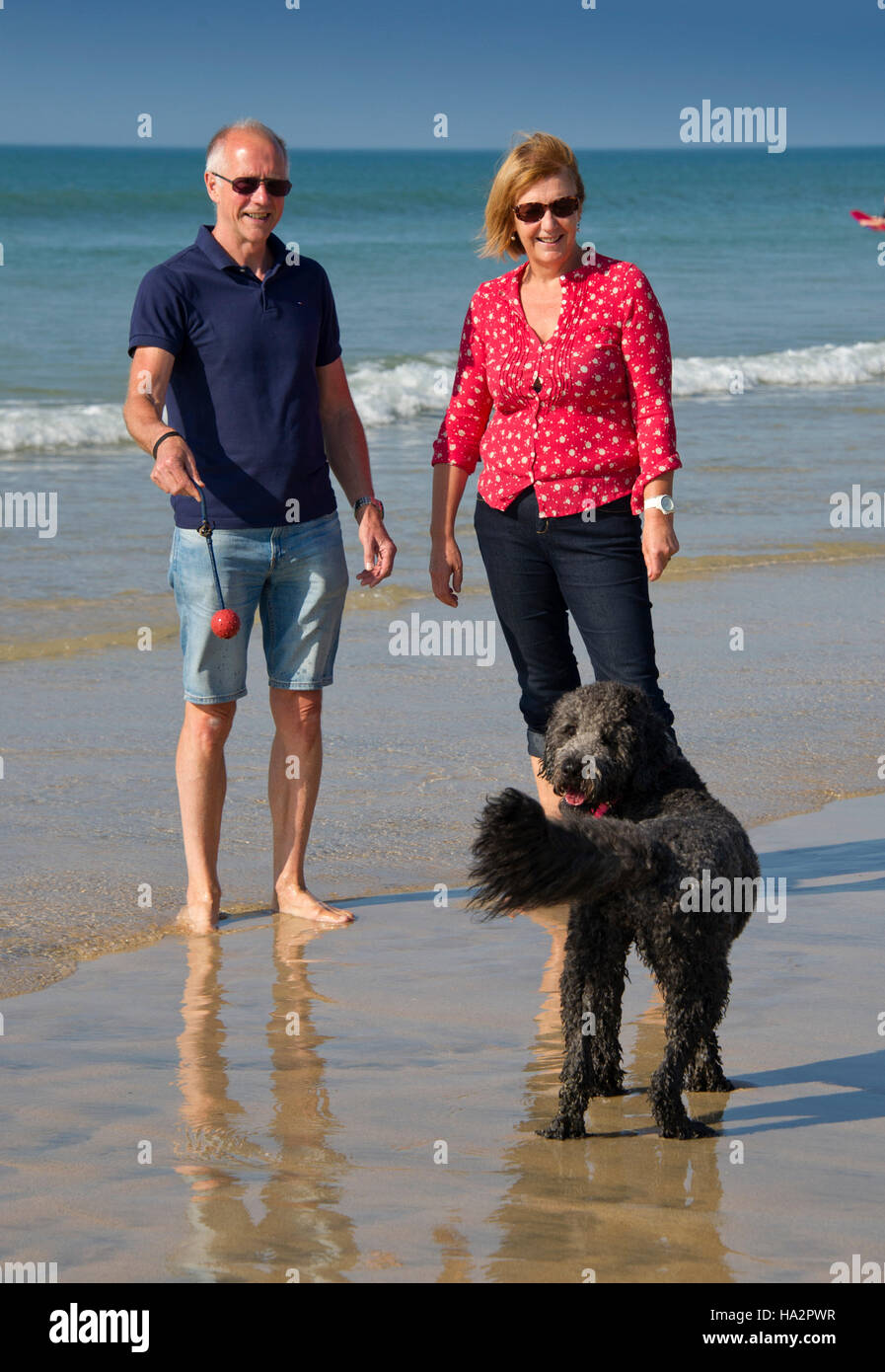 Una coppia matura (maschio e femmina) indossando vestiti estivi con il loro cane divertirsi su una soleggiata spiaggia della Cornovaglia. Foto Stock