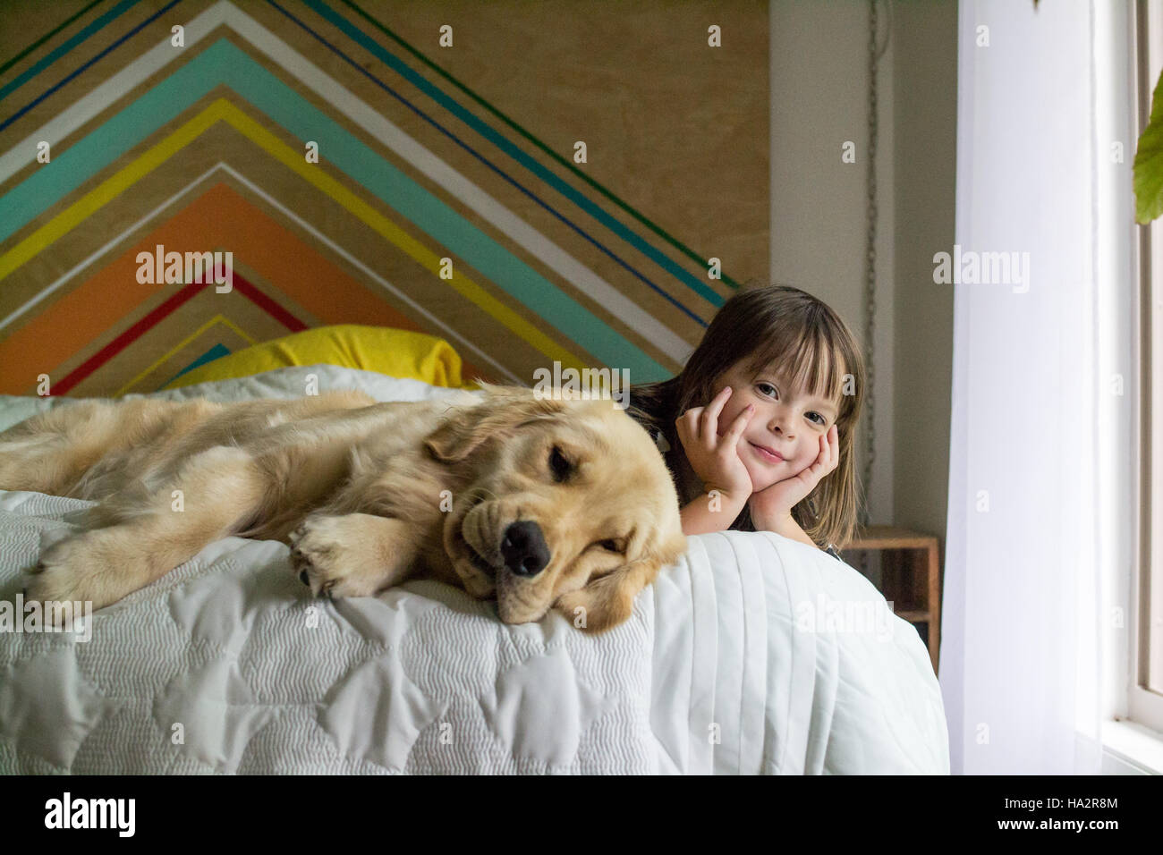 Ragazza e golden retriever cane sdraiato sul letto Foto Stock