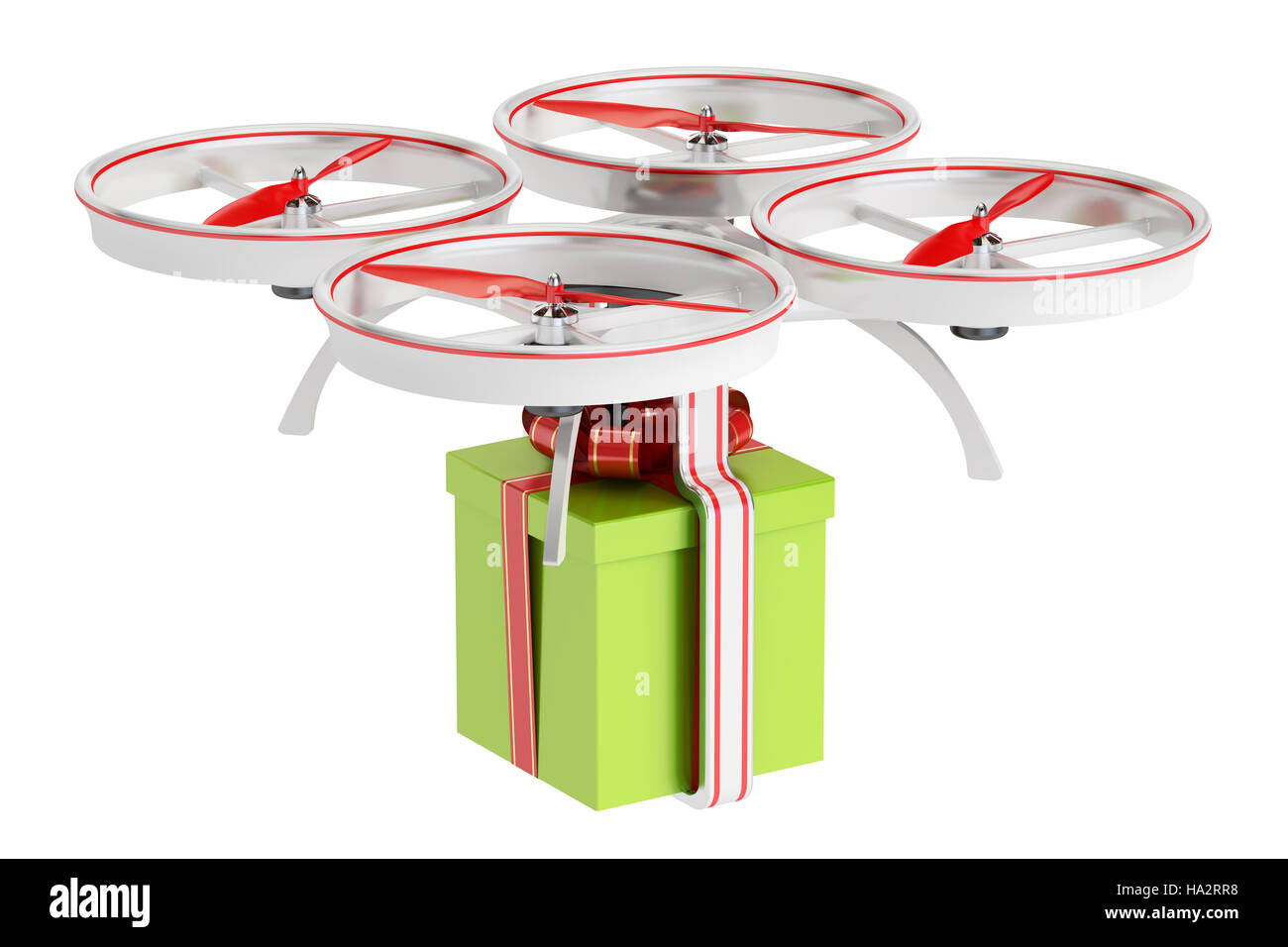 Consegna drone con una confezione regalo, rendering 3D isolati su sfondo bianco Foto Stock