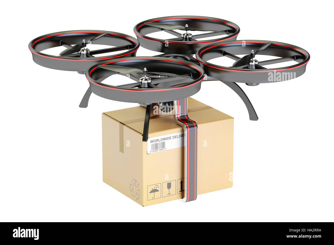 Consegna drone con scatola di cartone parcel, 3D rendering isolati su sfondo bianco Foto Stock