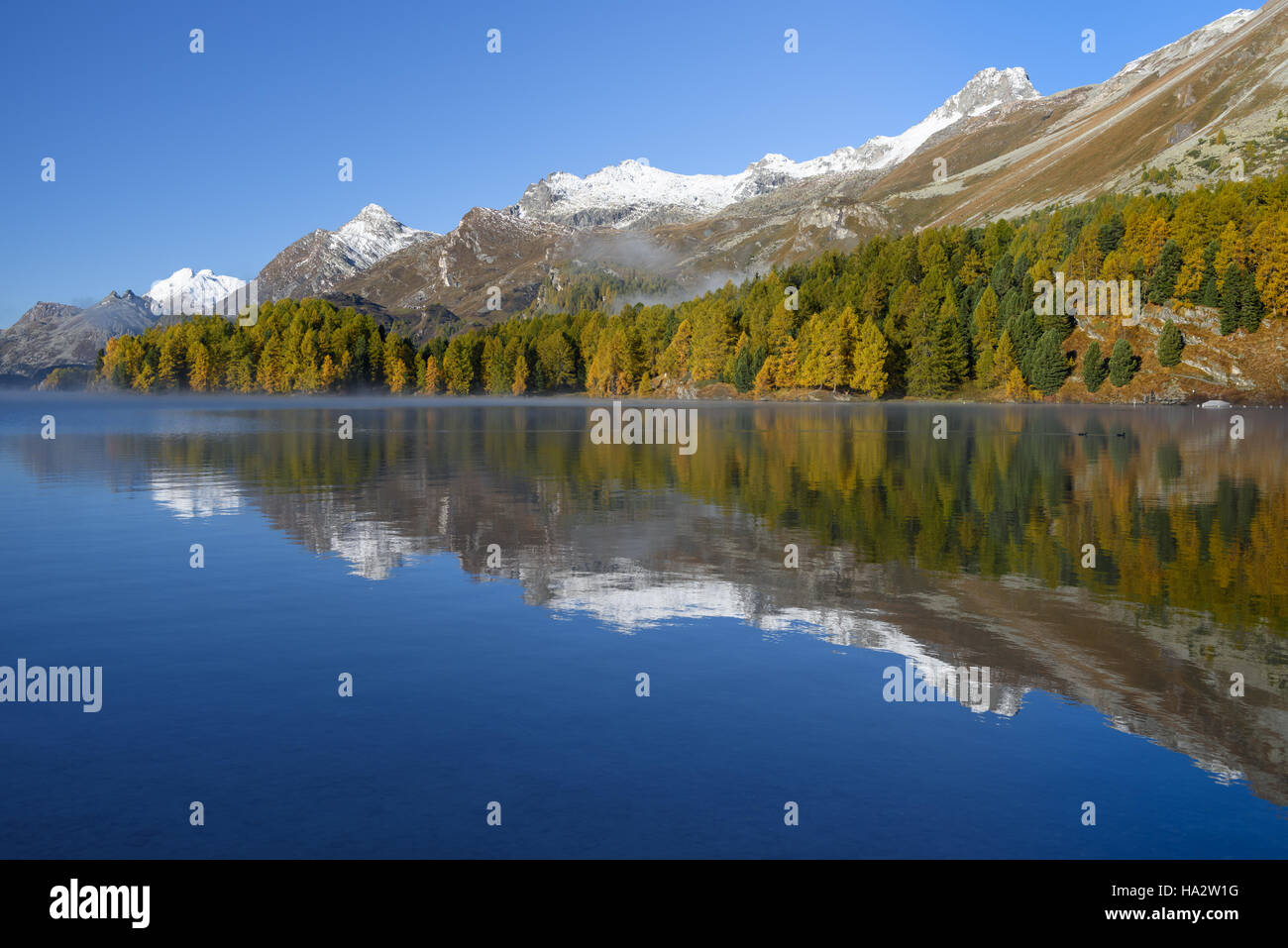 Il lago e il paesaggio di montagna, Engadina, Grigioni, Svizzera Foto Stock