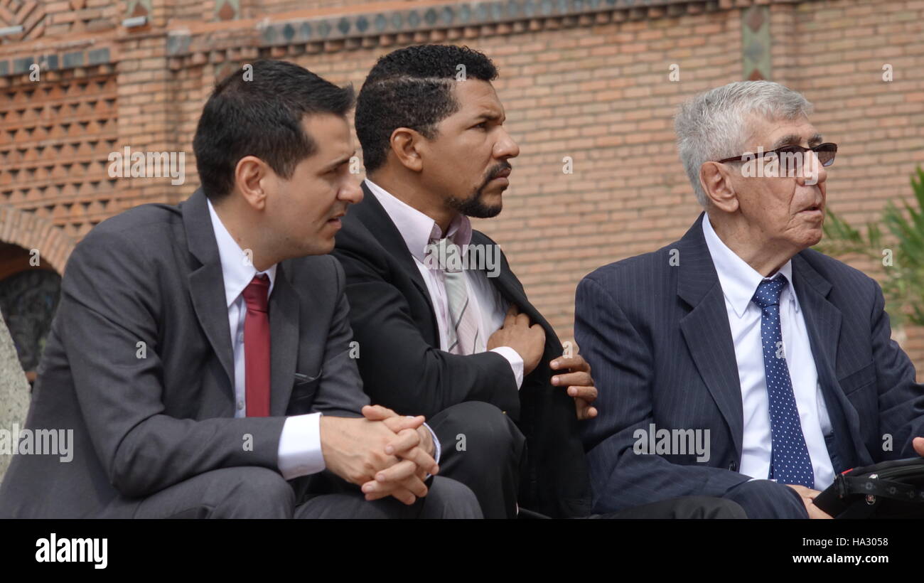 Gli uomini d' affari seduto e guardando Foto Stock