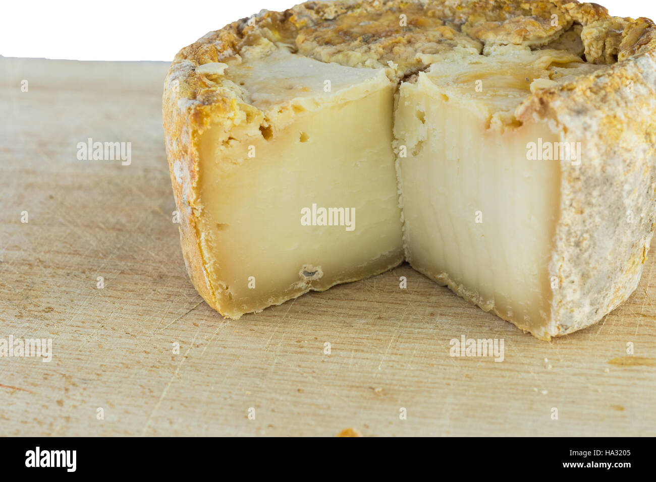 La forma di formaggio a pasta dura di una crosta bloomy latte di capra, il gelo crosta, di trattamento attraverso un apposito stampo del genere Penicillium, come Penicillium camemb Foto Stock