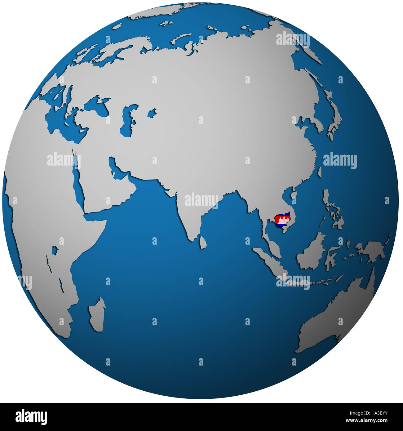 Isolato su bianco territorio della Cambogia con bandiera sulla mappa del globo Foto Stock