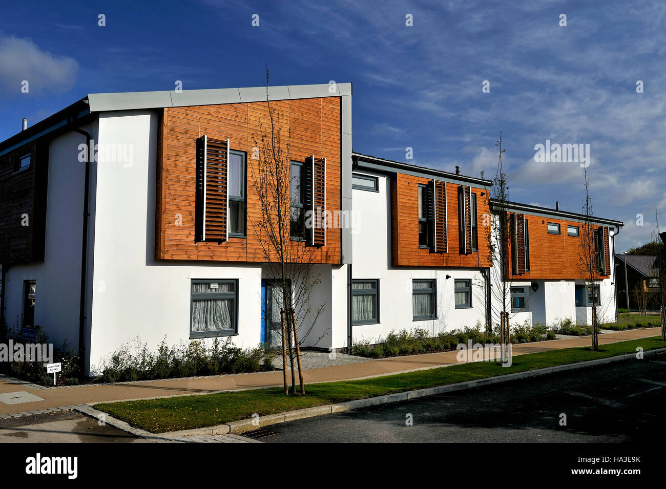 Un moderno sviluppo di interessante progettato alloggiamento architettonico a New Hall, Harlow Essex, Regno Unito, Europa Foto Stock