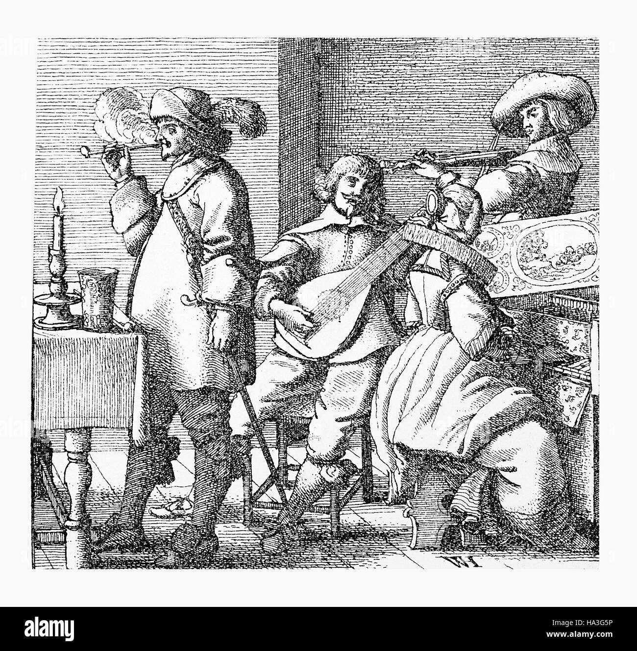 Lo stile di vita e il tempo libero nel XVII secolo uomini e una donna per divertirsi ascoltando musica insieme Foto Stock