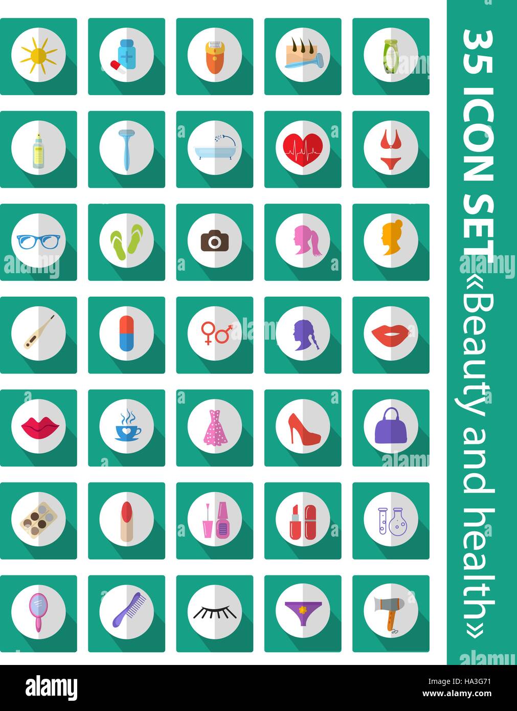 Vector set di icone piatta bellezza, della moda, della salute. Prodotti cosmetici e per la cura del corpo, 35 set di icone. Illustrazione Vettoriale