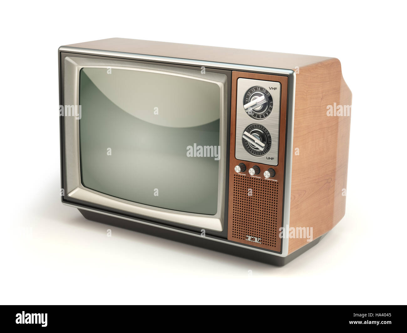 Vintage TV set isolato su sfondo bianco. Comunicazione, media e concetto di televisione. 3d illustrazione Foto Stock