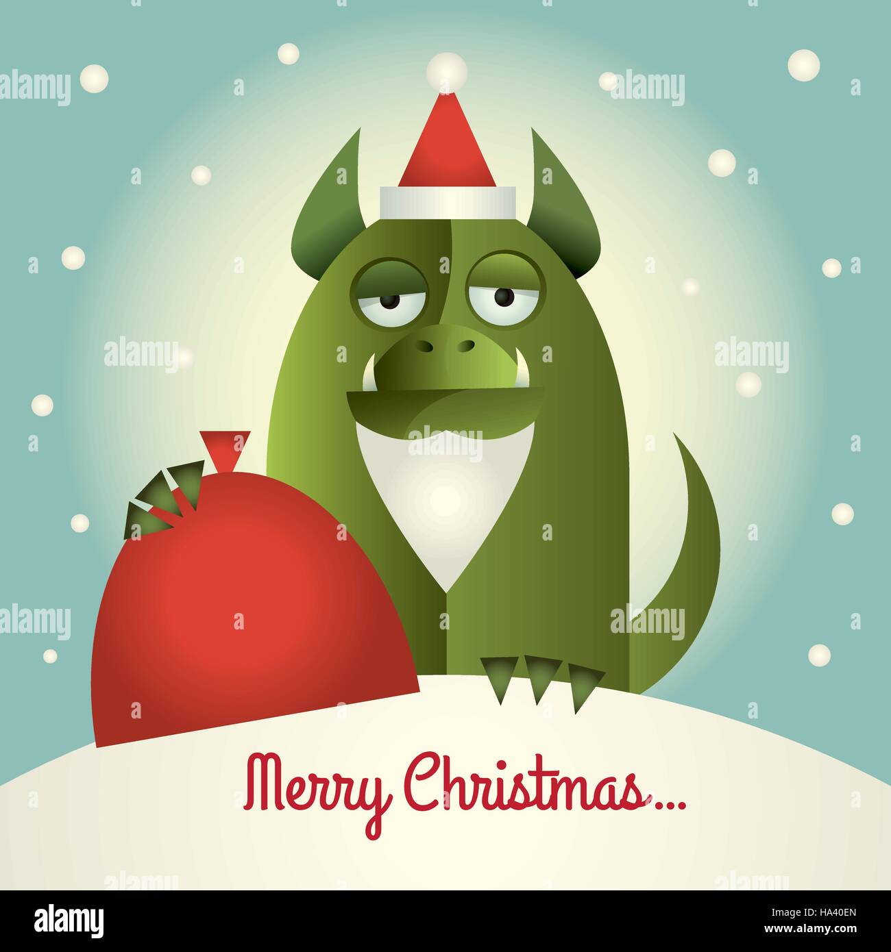 Illustrazione vettoriale di un mostro verde con Santa barba e hat tenendo un sacco di colore rosso. Testo: Buon Natale. In stile retrò. Illustrazione Vettoriale