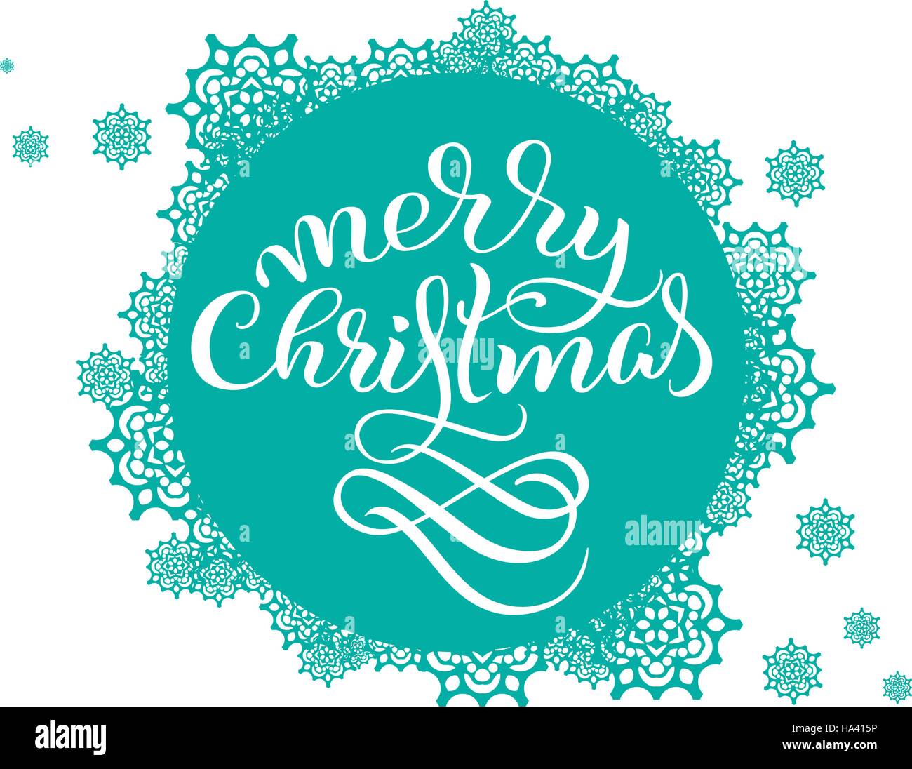 Il turchese round sfondo con i fiocchi di neve sul bianco e il testo Buon Natale. Illustrazione vettoriale EPS10. Calligraphy lettering Illustrazione Vettoriale