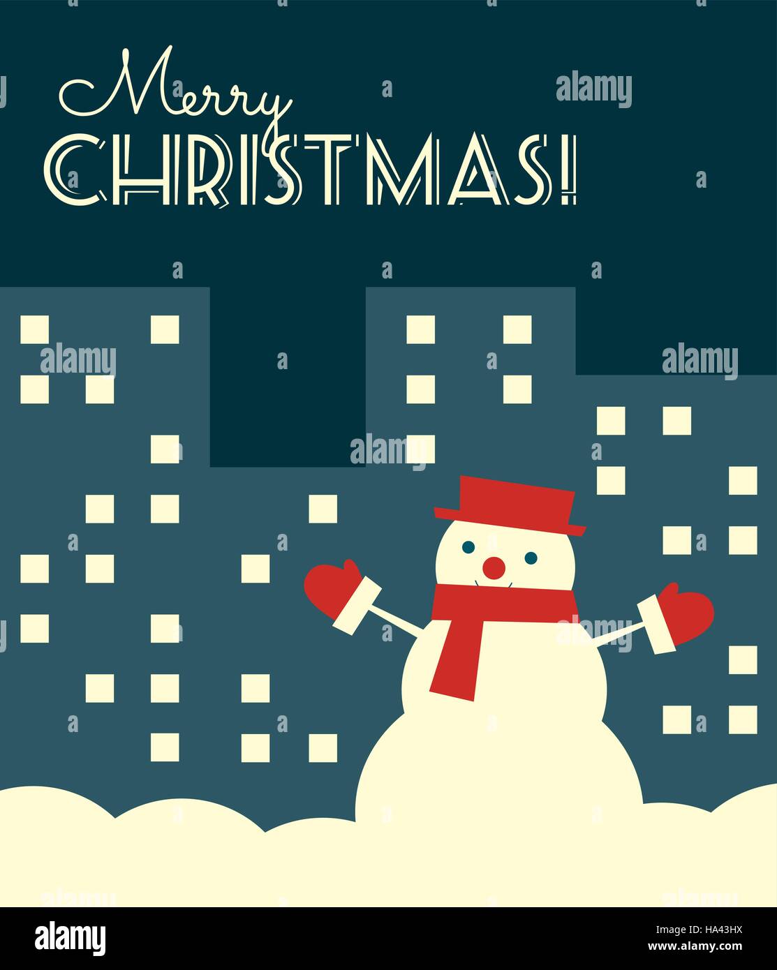 Illustrazione Vettoriale. In stile retrò scheda di Natale con un pupazzo di neve in una città di notte. Formato verticale. Illustrazione Vettoriale