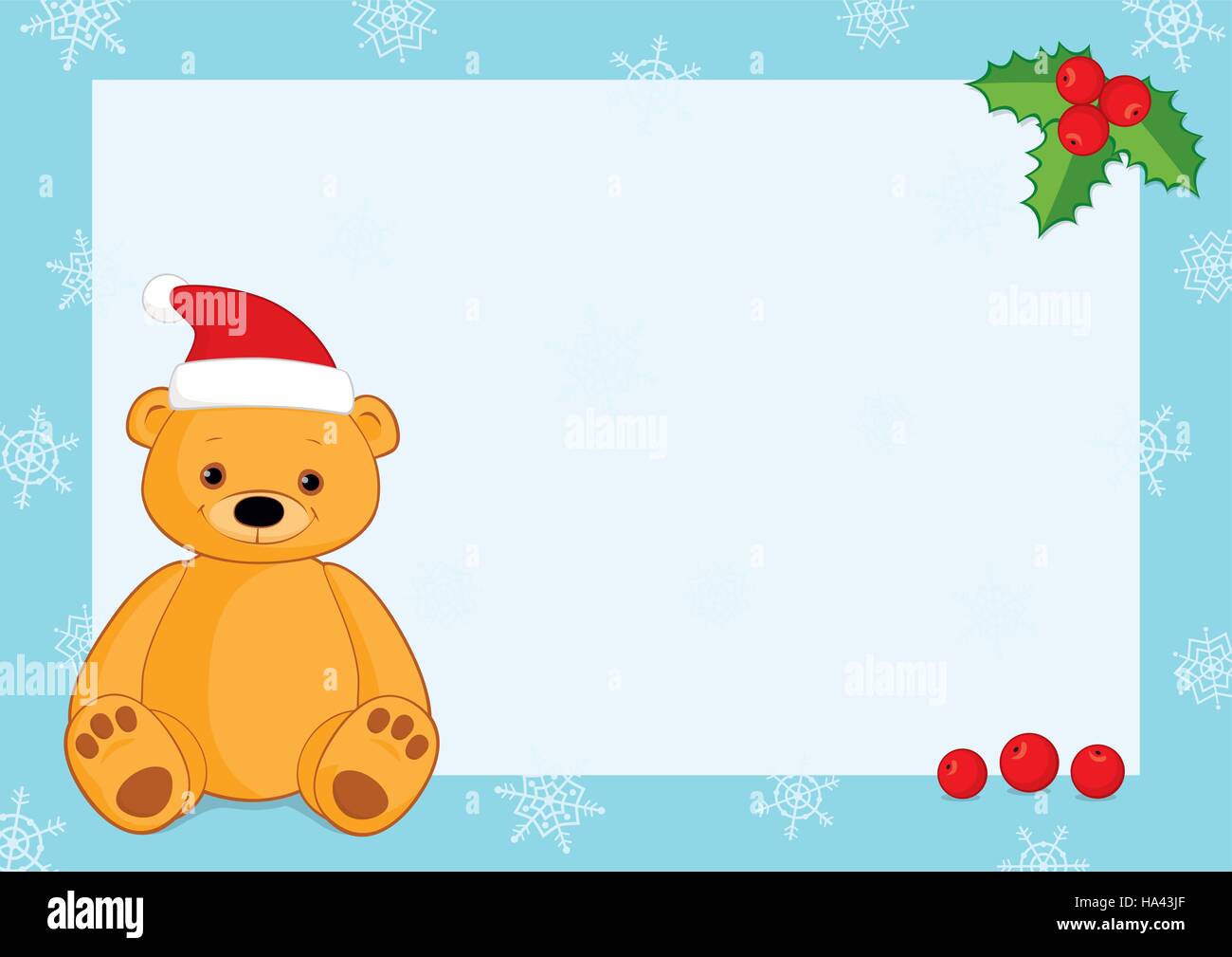 Sfondo vettoriale di Natale con una cornice blu, fiocchi di neve, acini di agrifoglio e un orsacchiotto marrone che indossa il cappello di Santa. Posizionare il testo su sfondo bianco Illustrazione Vettoriale