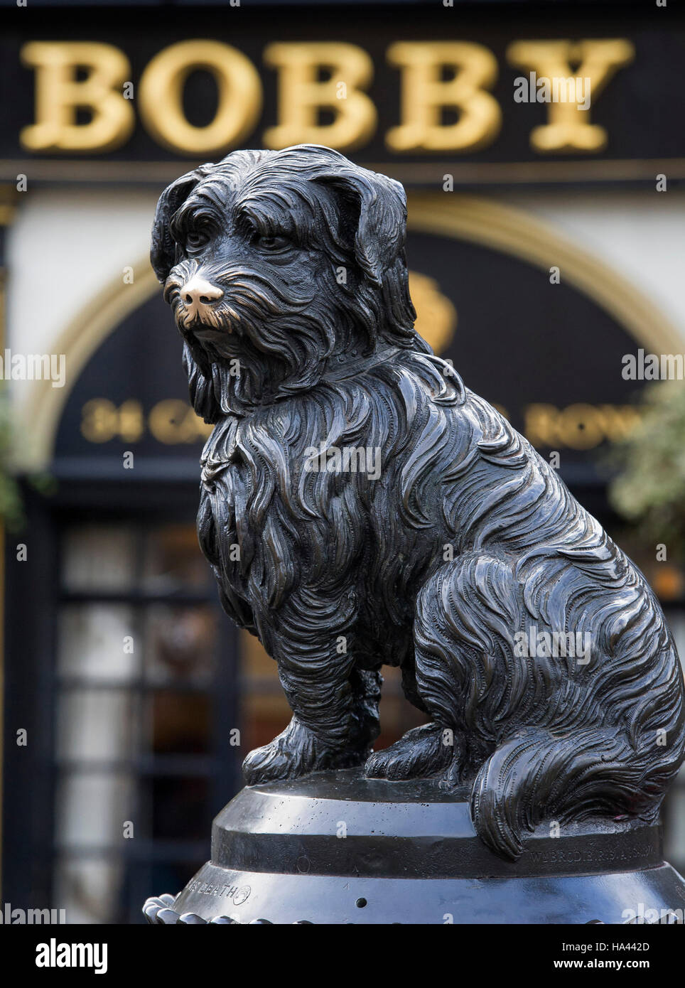 Greyfriars Bobby statua che si trova al di fuori di Grayfrairs Kirk, George IV Bridge Street di Edimburgo. Foto Stock