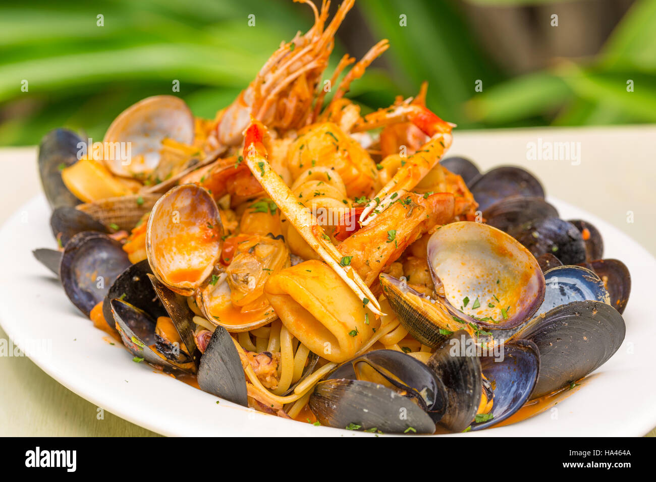 Linguine pasta condita con vongole, calamari e scampetti Foto Stock