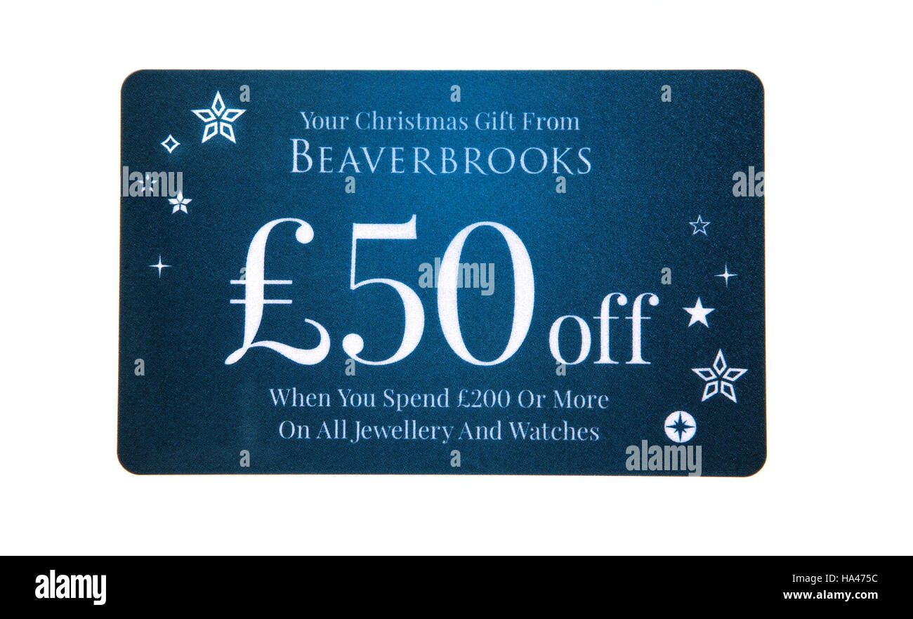 Beaverbrooks sconto di £ 50 Carta Regalo su sfondo bianco Foto Stock
