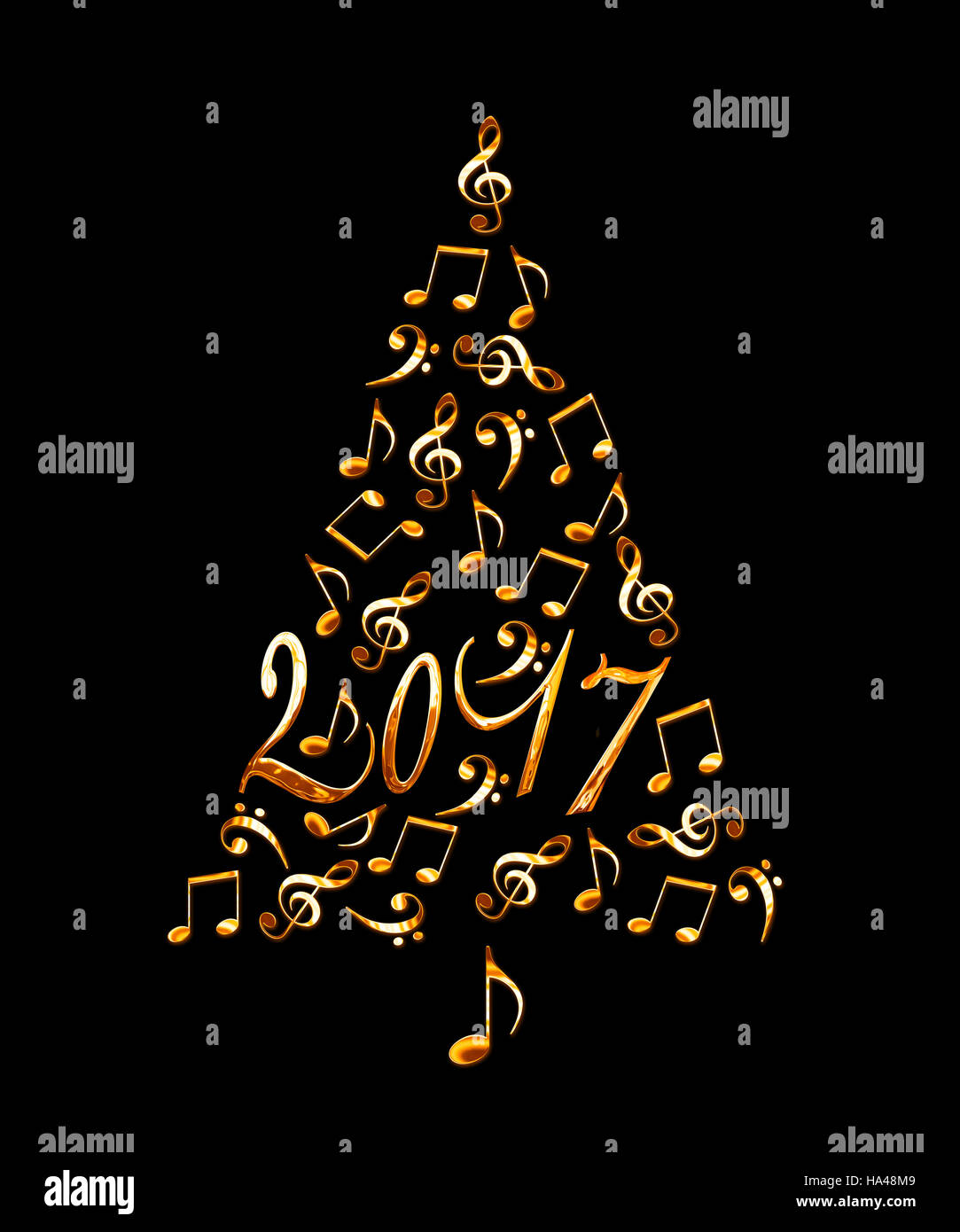 2017 Albero di natale con metallo dorato note musicali isolati su sfondo nero Foto Stock