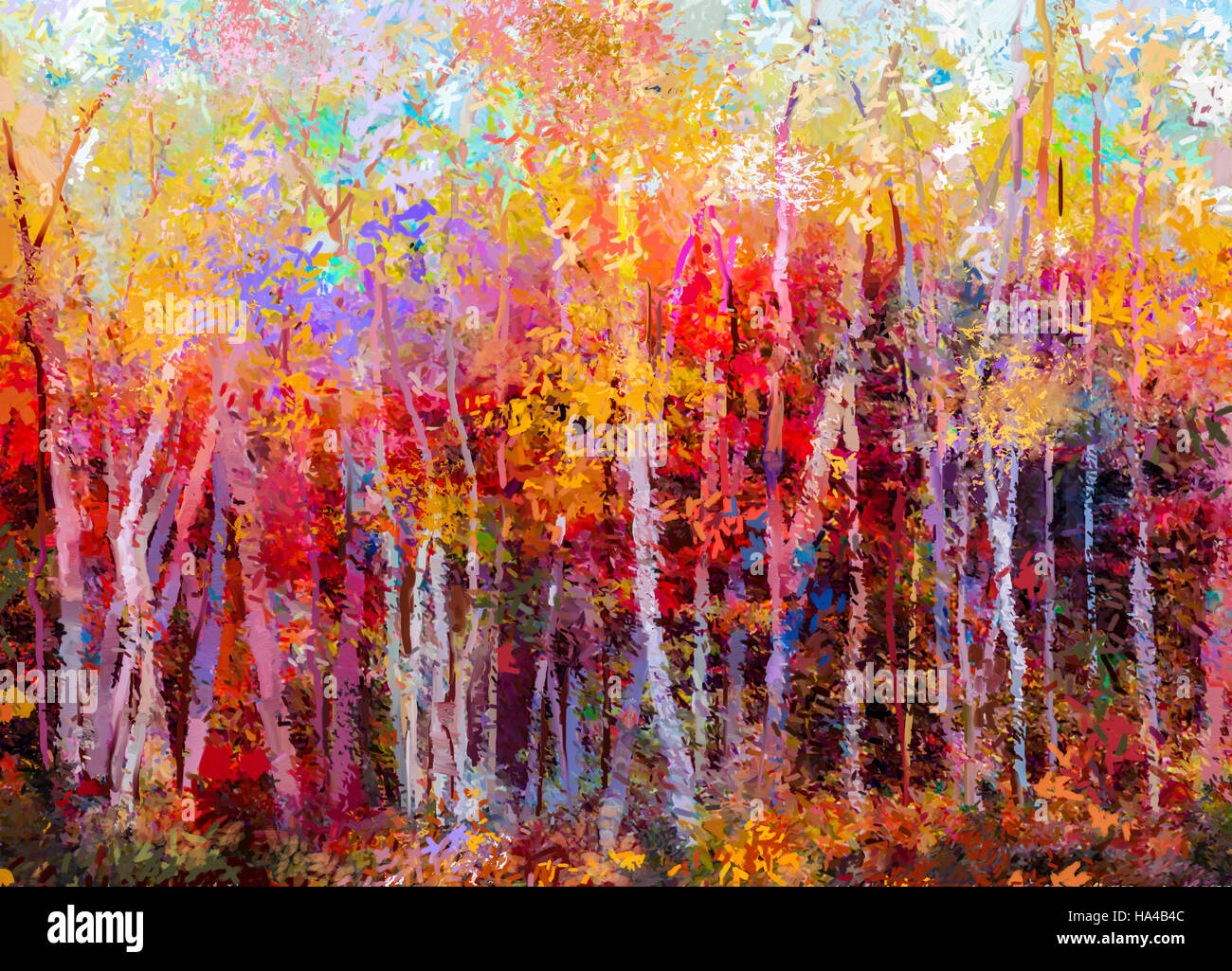 Pittura di olio paesaggio - colori d'autunno alberi. Semi quadri astratti  immagine della foresta, Aspen Tree con il rosso e il giallo di foglia. In  autunno, stagione autunnale natu Foto stock -