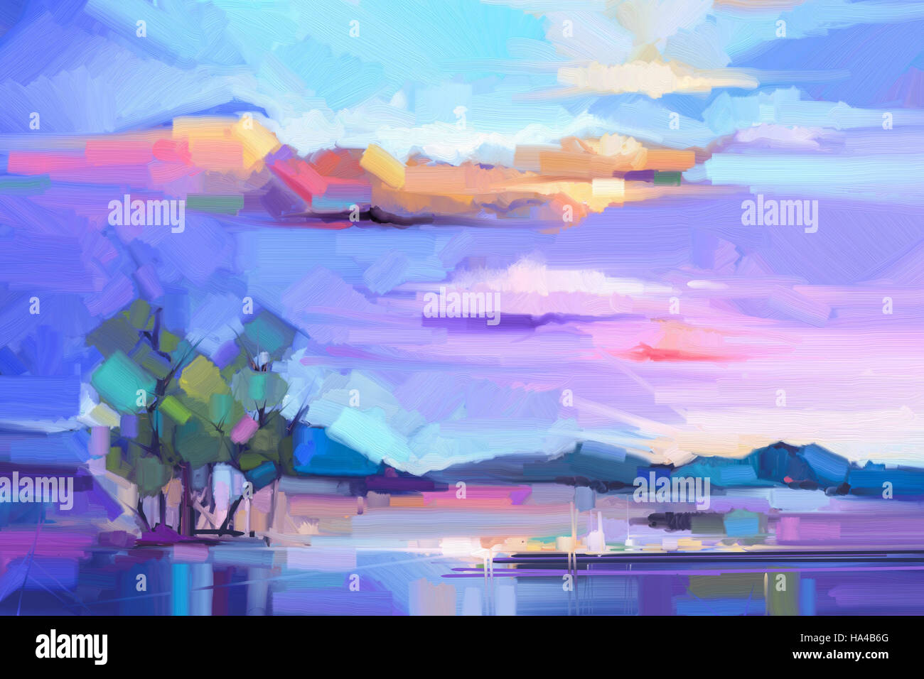 Abstract della pittura a olio sullo sfondo del paesaggio. Colorato di giallo e viola il cielo. dipinto a olio paesaggio outdoor su tela. Foto Stock