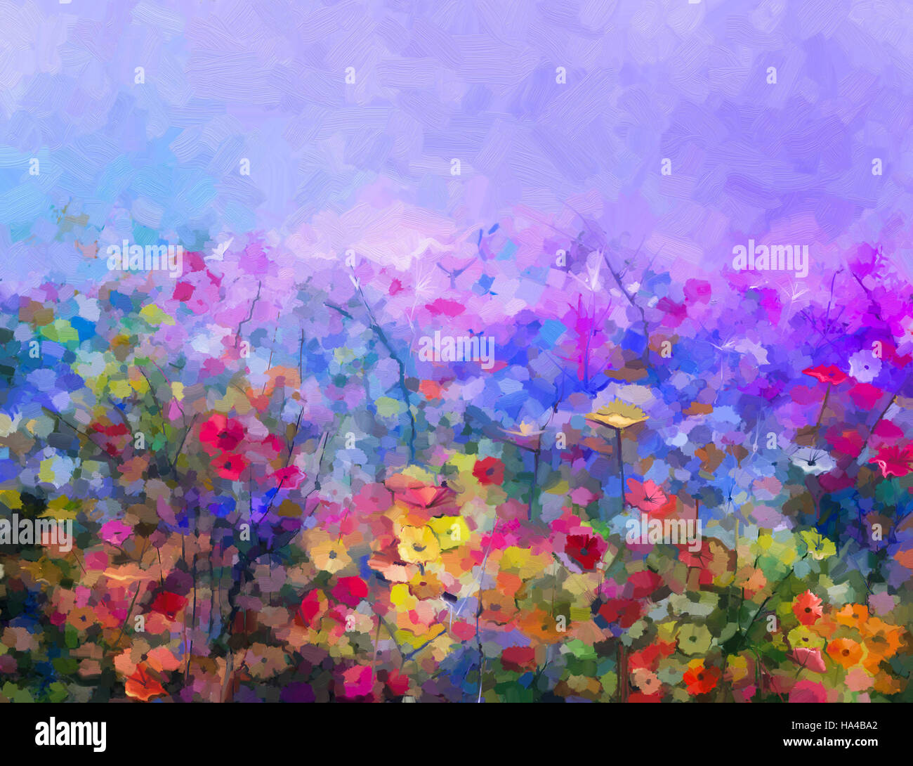 Abstract colorata pittura ad olio viola cosmo flowe, Daisy, fioriti in campo. Giallo e rosso fiori selvatici a prato con cielo blu. Foto Stock