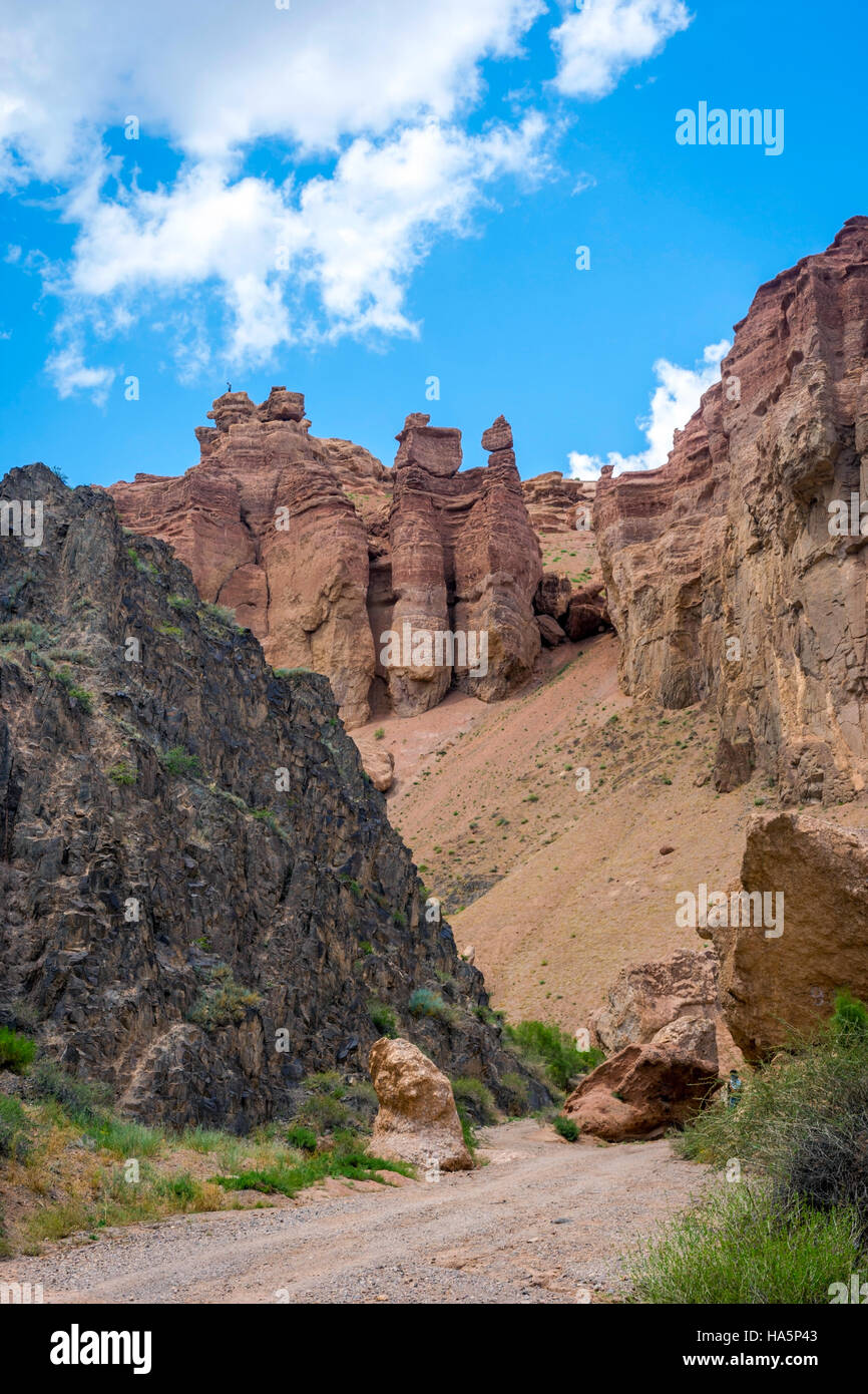 Vista su Sharyn o Charyn Canyon, Kazakistan, secondo canyon più grande del mondo Foto Stock