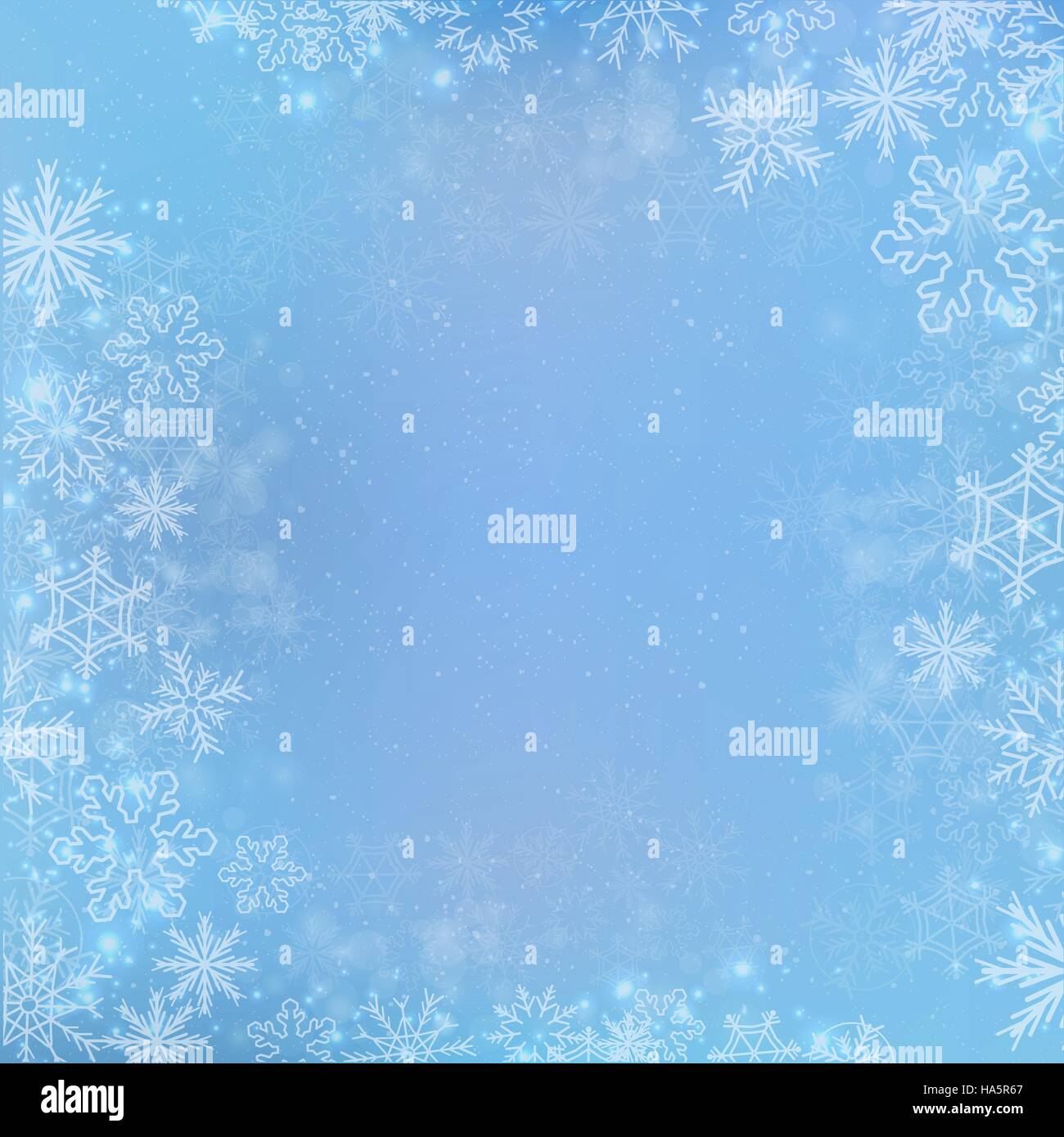 Gradiente blu inverno banner quadrato dello sfondo con la neve e il confine del fiocco di neve Illustrazione Vettoriale