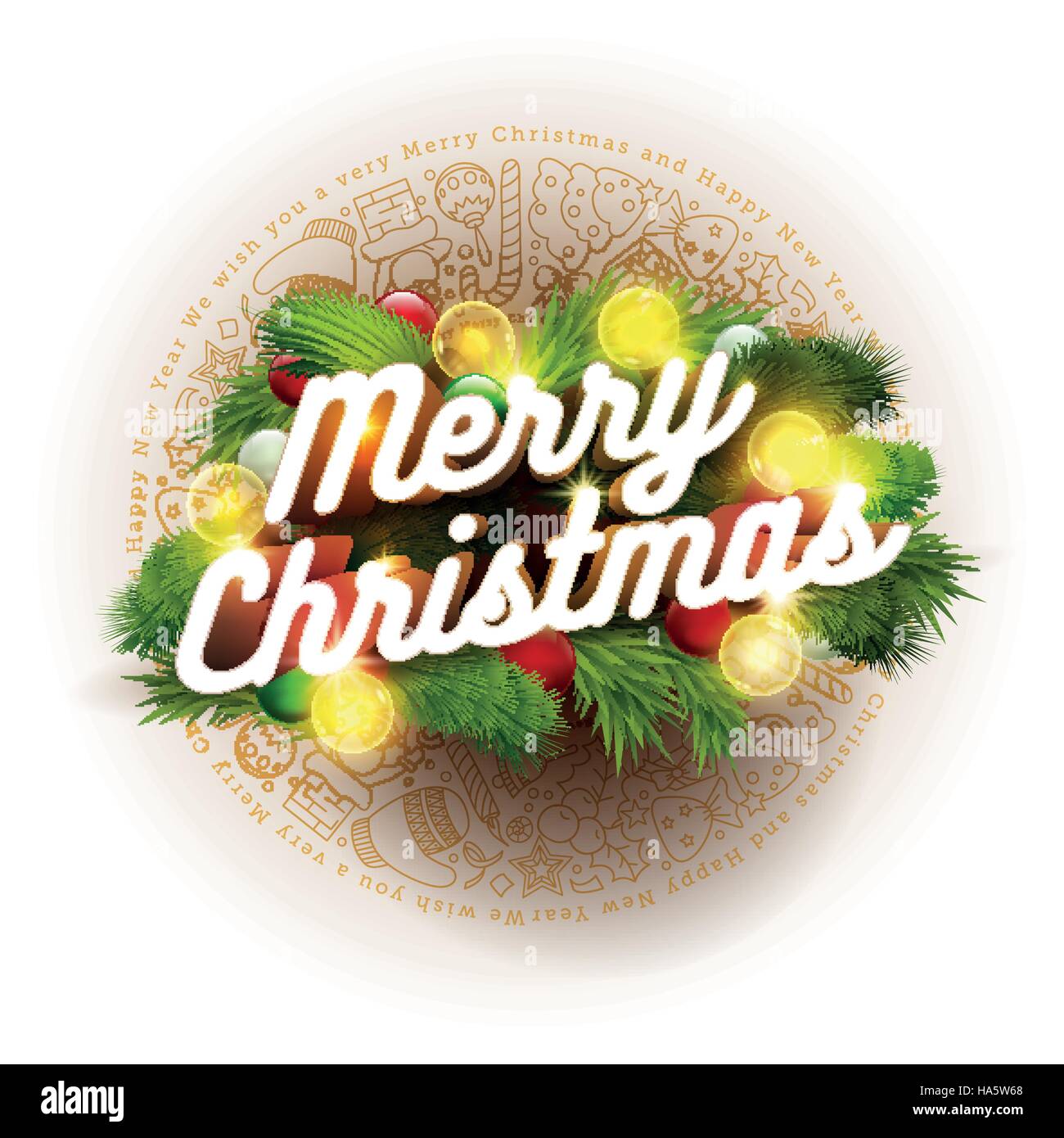 Vettore Scheda di Natale Design modello. 3d Merry Christmas testo su disegnati a mano scarabocchi, sfere e lampadine. Sfondo bianco Illustrazione Vettoriale