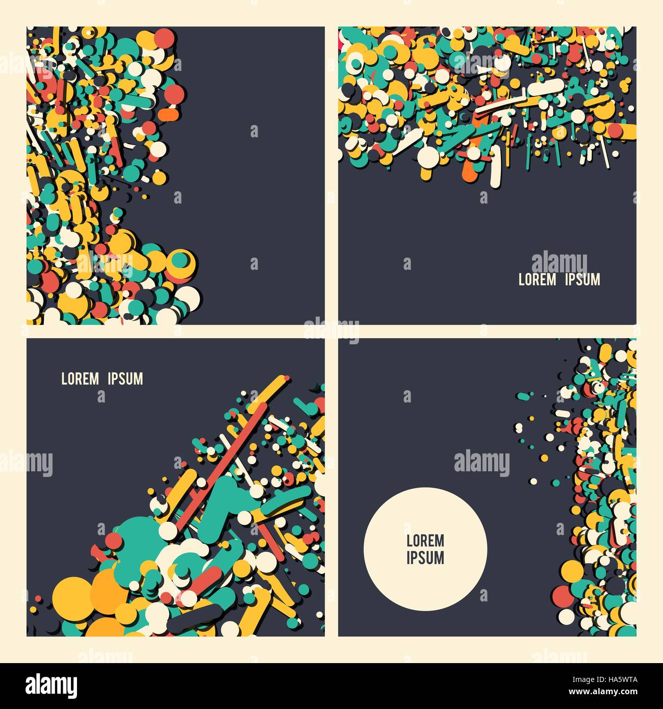 Cerchi di dispersione e forme astratte sfondo impostato. Illustrazione Vettoriale. Sfondi scuri raccolta. Colore brillante cerchi modello opuscolo. Illustrazione Vettoriale