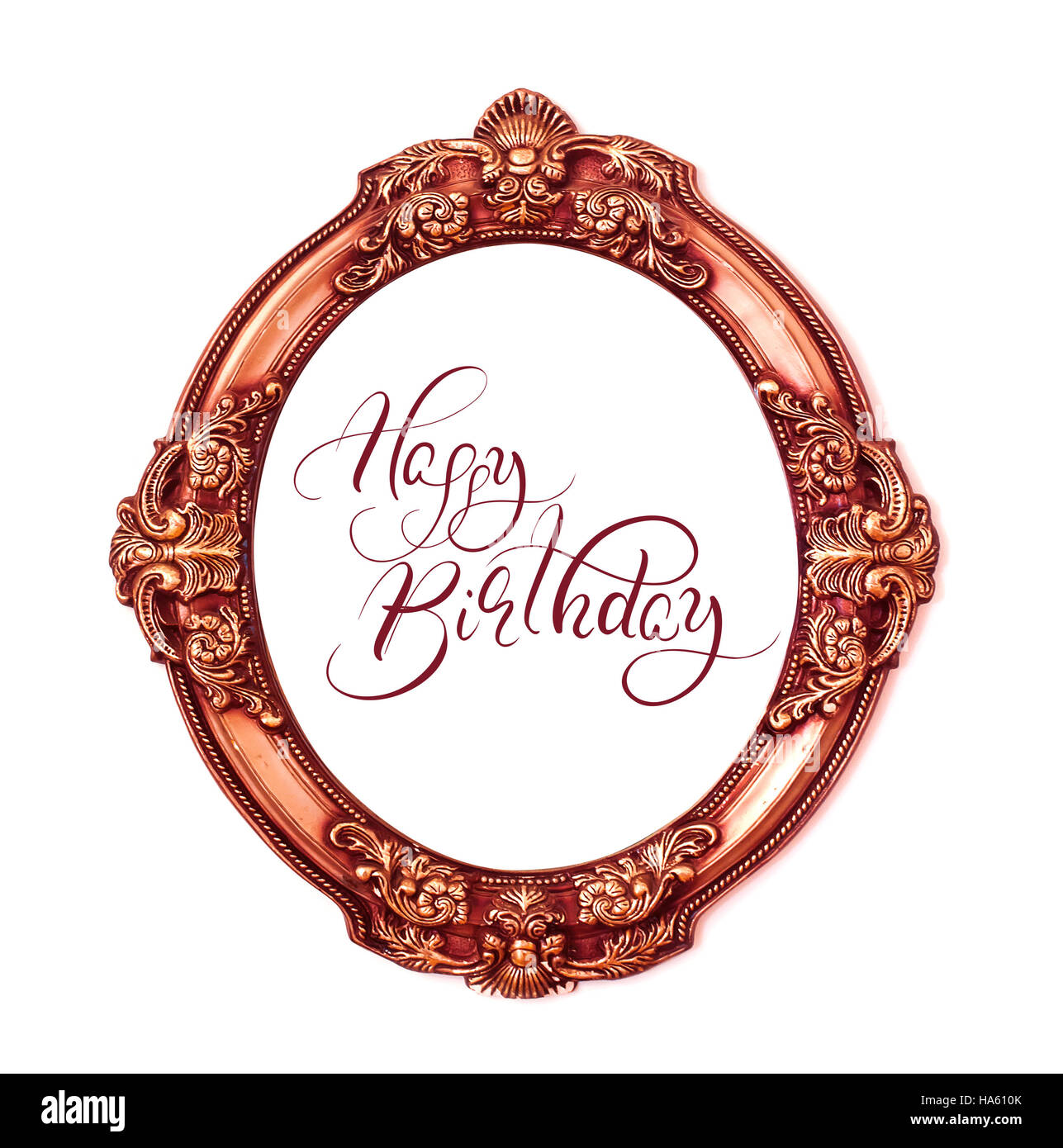 Golden cornice rotonda isolato su sfondo bianco con testo buon compleanno. Calligraphy lettering Foto Stock
