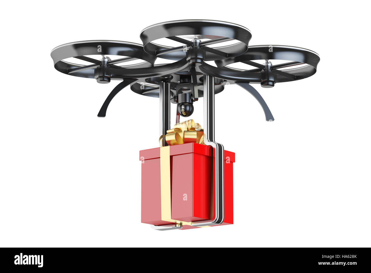 Consegna moderno drone con una confezione regalo, rendering 3D isolati su sfondo bianco Foto Stock