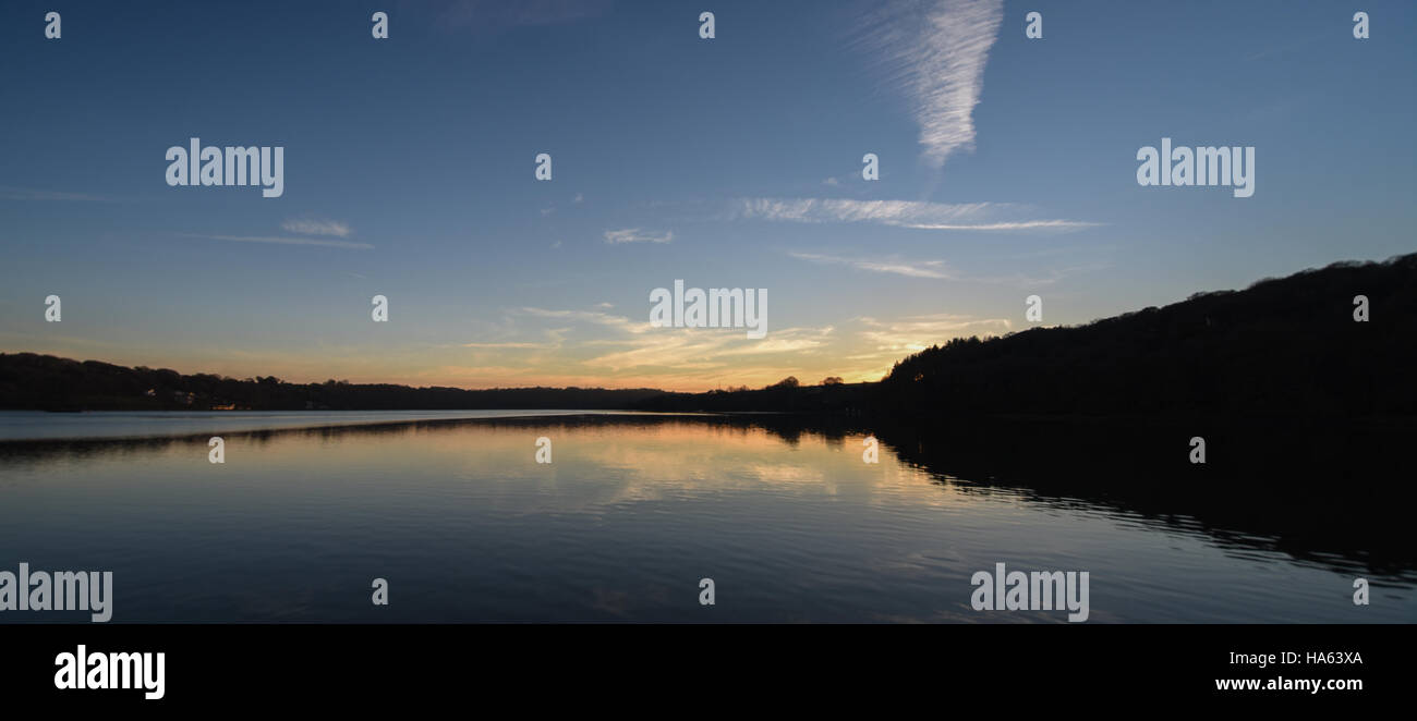 Blu cielo con poche nuvole e alberi riflette perfettamente in acqua calma Foto Stock