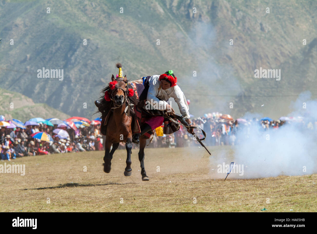 Khampa horseman spara a pezzi di carta con un blocco di pietra focaia pistola dal dorso di un cavallo al galoppo a Yushu Horse Racing Festival. Qinghai, Cina. Foto Stock