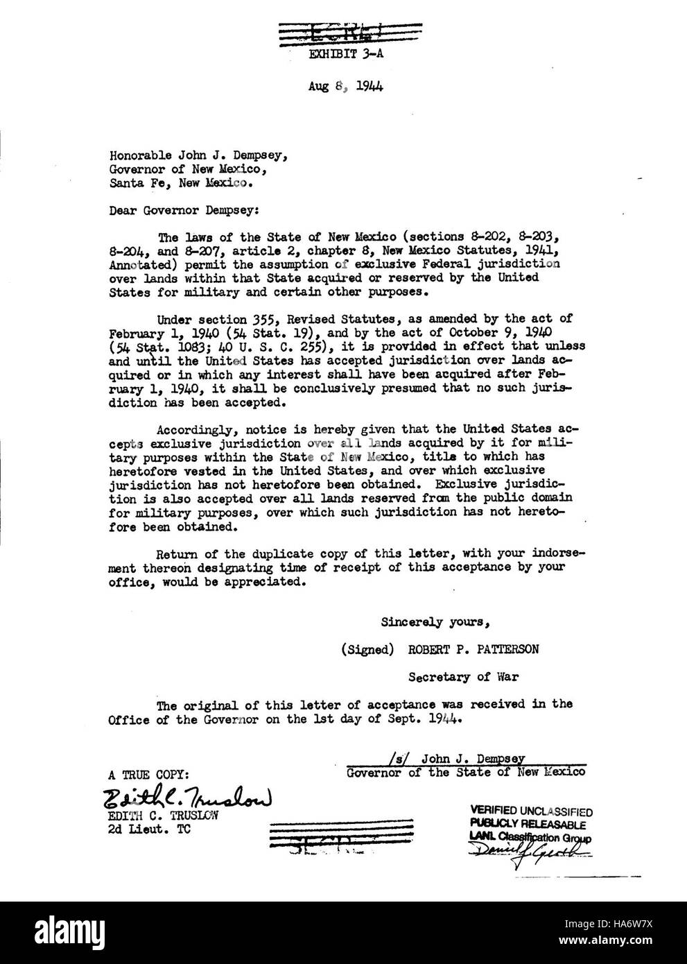 7597524732 losalamosnatlab Stati Uniti accetta la giurisdizione esclusiva su terre nel Nuovo Messico il 8 Agosto 1944 Foto Stock