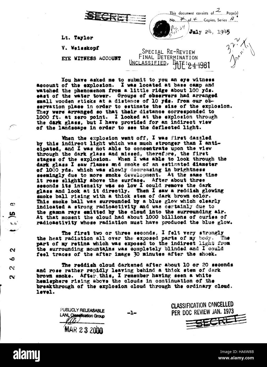 La testimonianza oculare di Victor Weisskopf sul test Trinity, 24 luglio 1945, fornisce informazioni sull'evento storico che ha portato allo sviluppo dell'energia nucleare e alla sua complessa eredità. Foto Stock