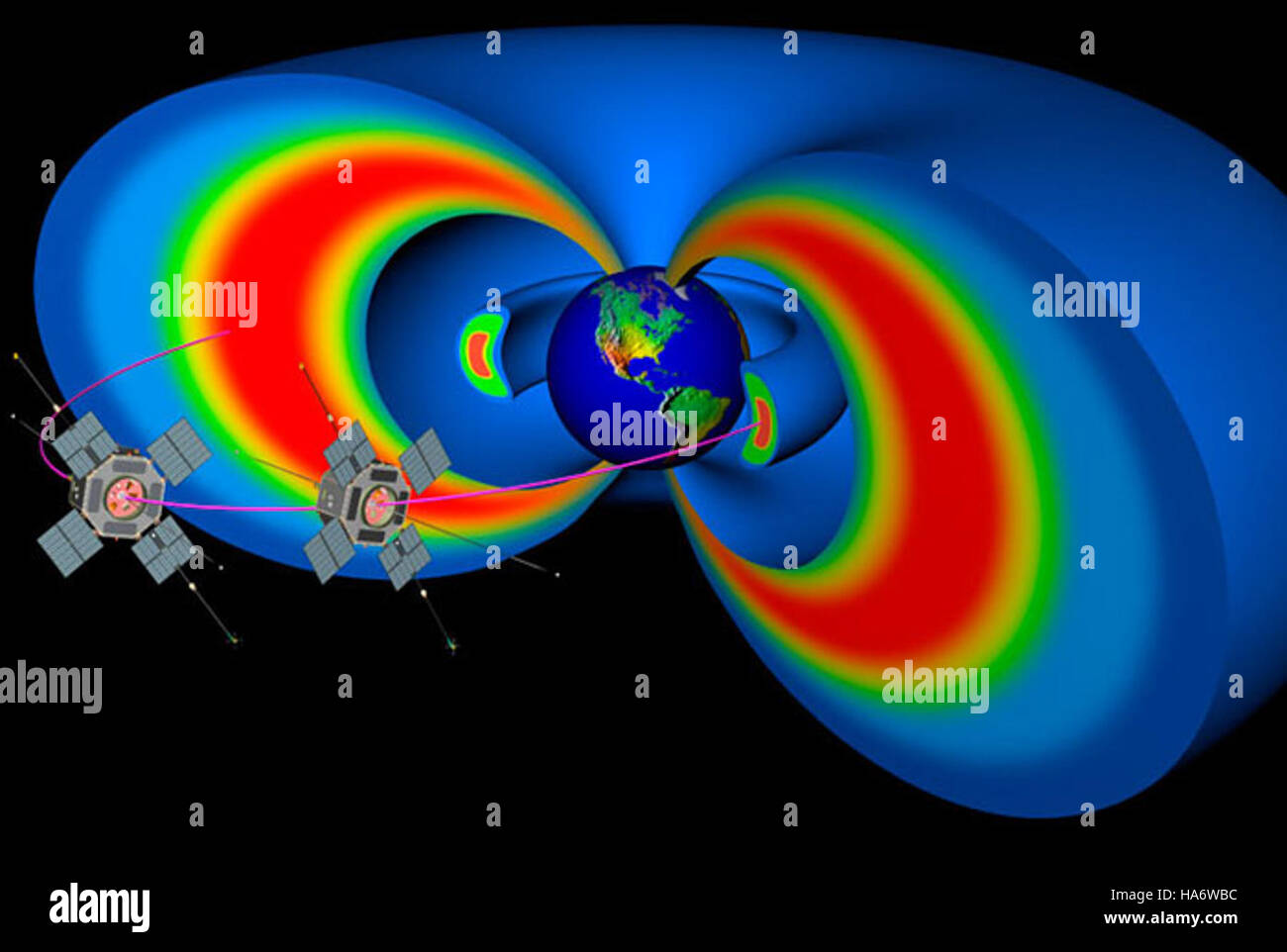 Le cinture di radiazioni di Van Allen, scoperte da James Van Allen, sono zone di particelle cariche intrappolate dal campo magnetico terrestre. Questo fenomeno è fondamentale per comprendere il tempo atmosferico spaziale e l'atmosfera protettiva della Terra, con implicazioni per l'esplorazione spaziale e la scienza ambientale. Foto Stock