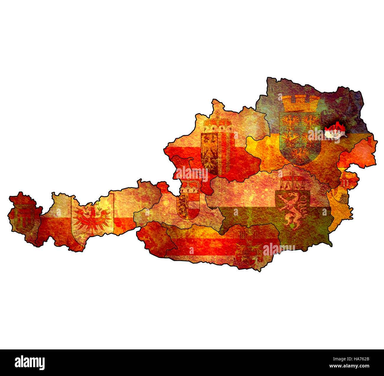 Bandiera di vienna sulla mappa di austria con le divisioni amministrative Foto Stock