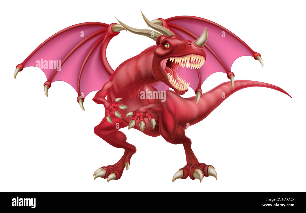 Una illustrazione di una media cercando fantasy fiaba drago rosso Foto Stock