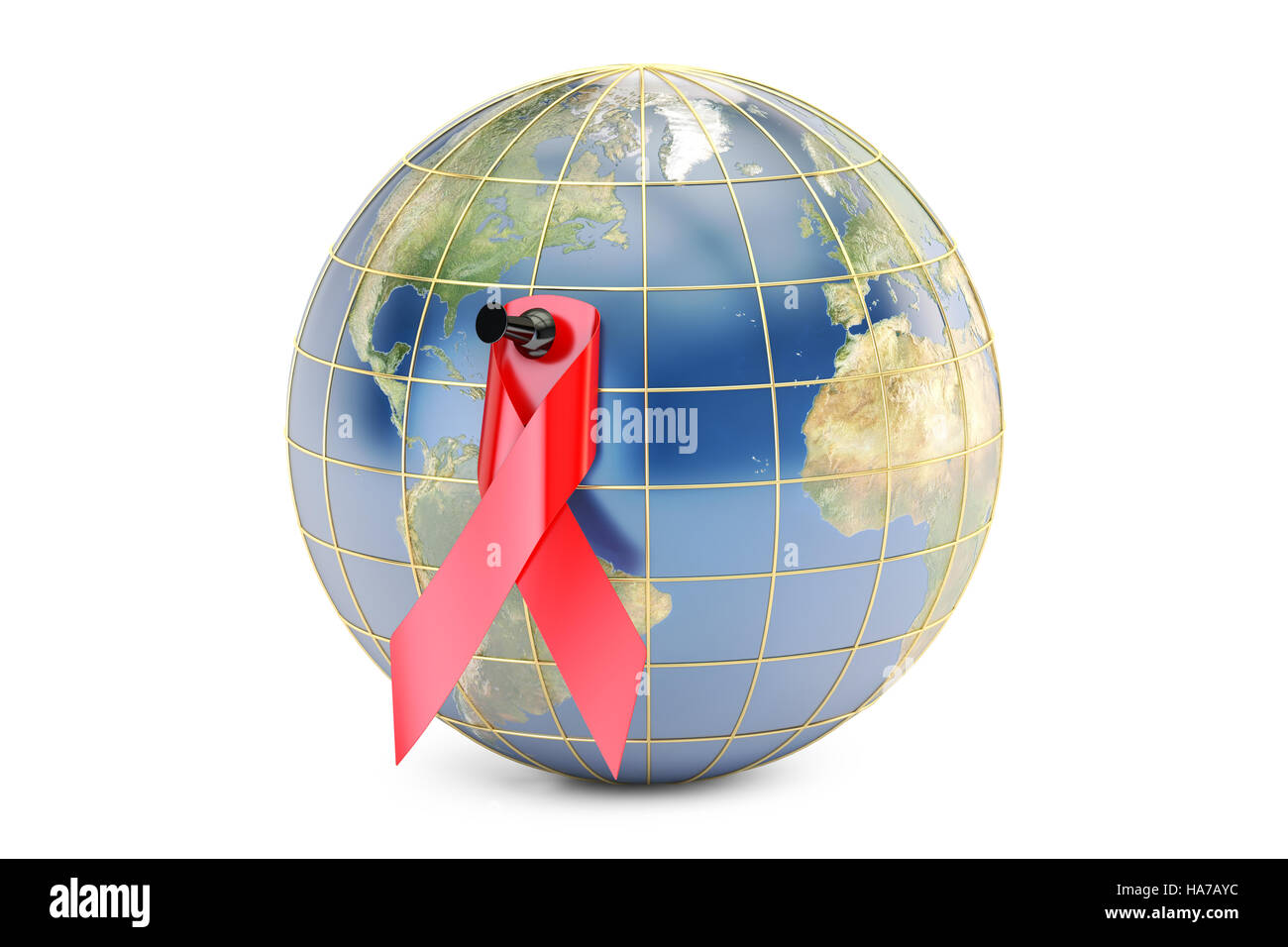 HIV AIDS Awareness nastro rosso con terra, 3D rendering isolati su sfondo bianco Foto Stock