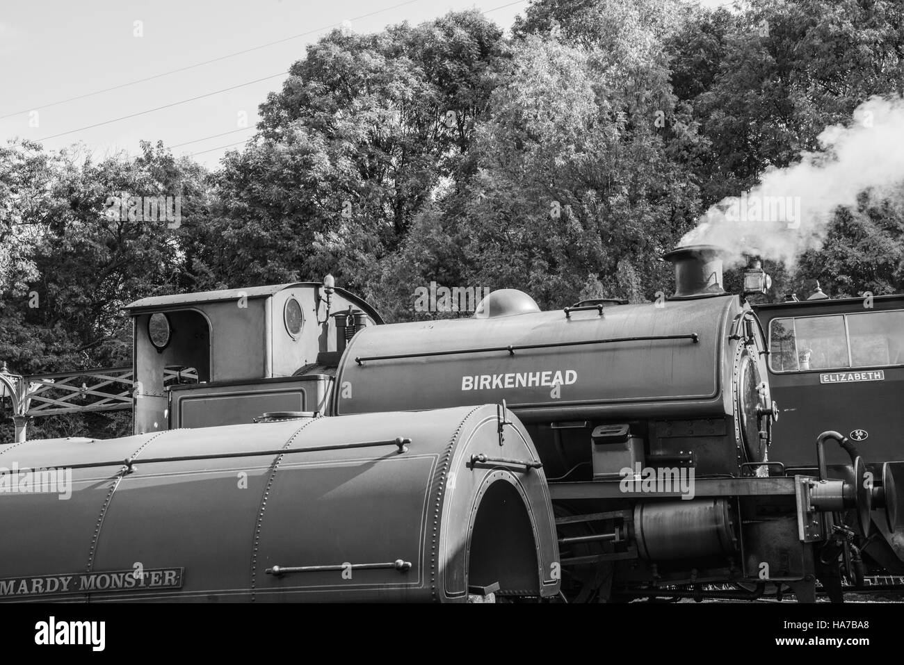 Treno a vapore di soffiatura nel cantiere ferroviario Elsicar Barnsley Ray Boswell Foto Stock