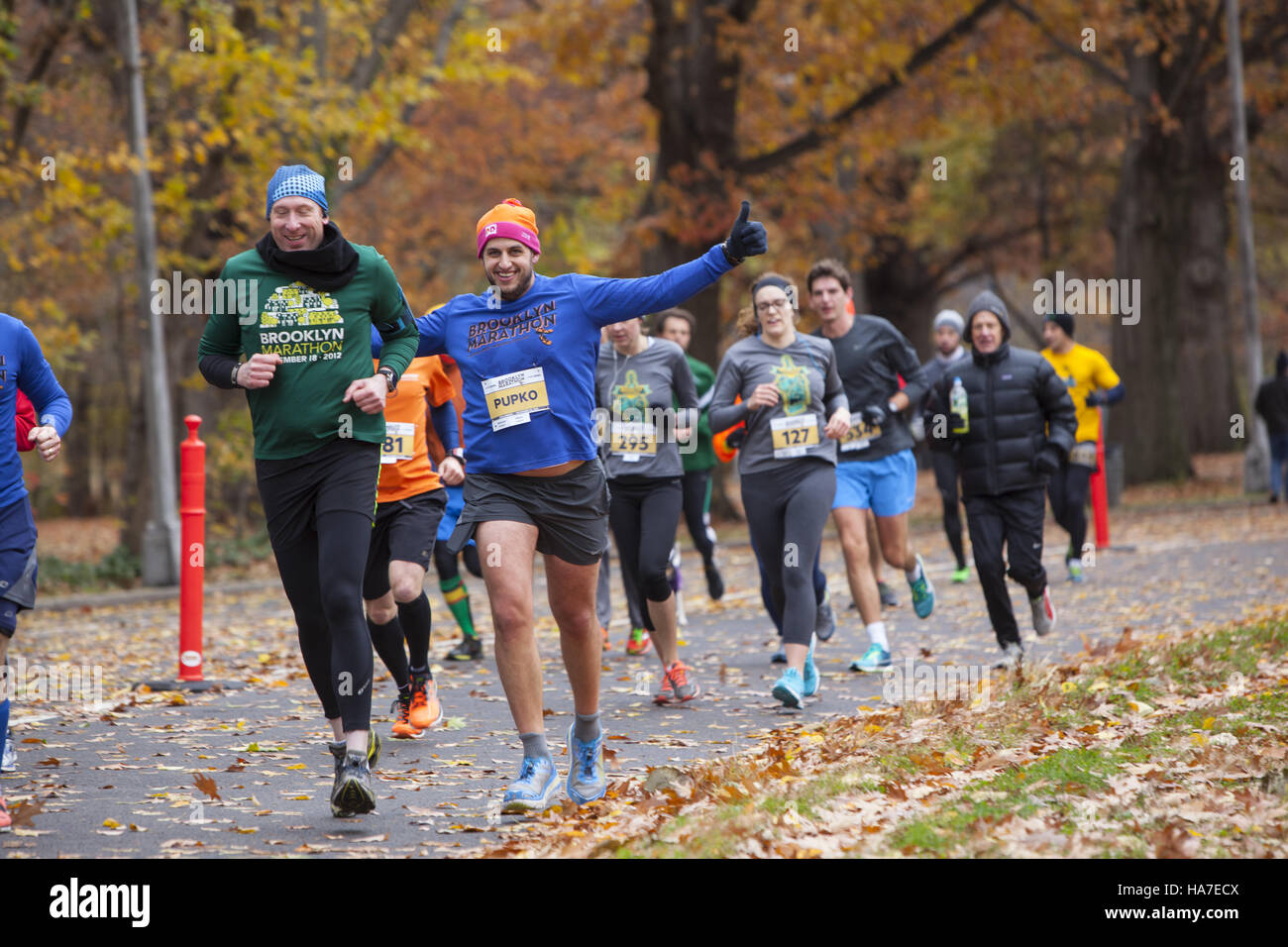 I corridori partecipare alla maratona di Brooklyn che avviene in Prospect Park. Guide di scorrimento sono circondato da i colori dell'autunno ancora brillante per la metà di novembre. Foto Stock